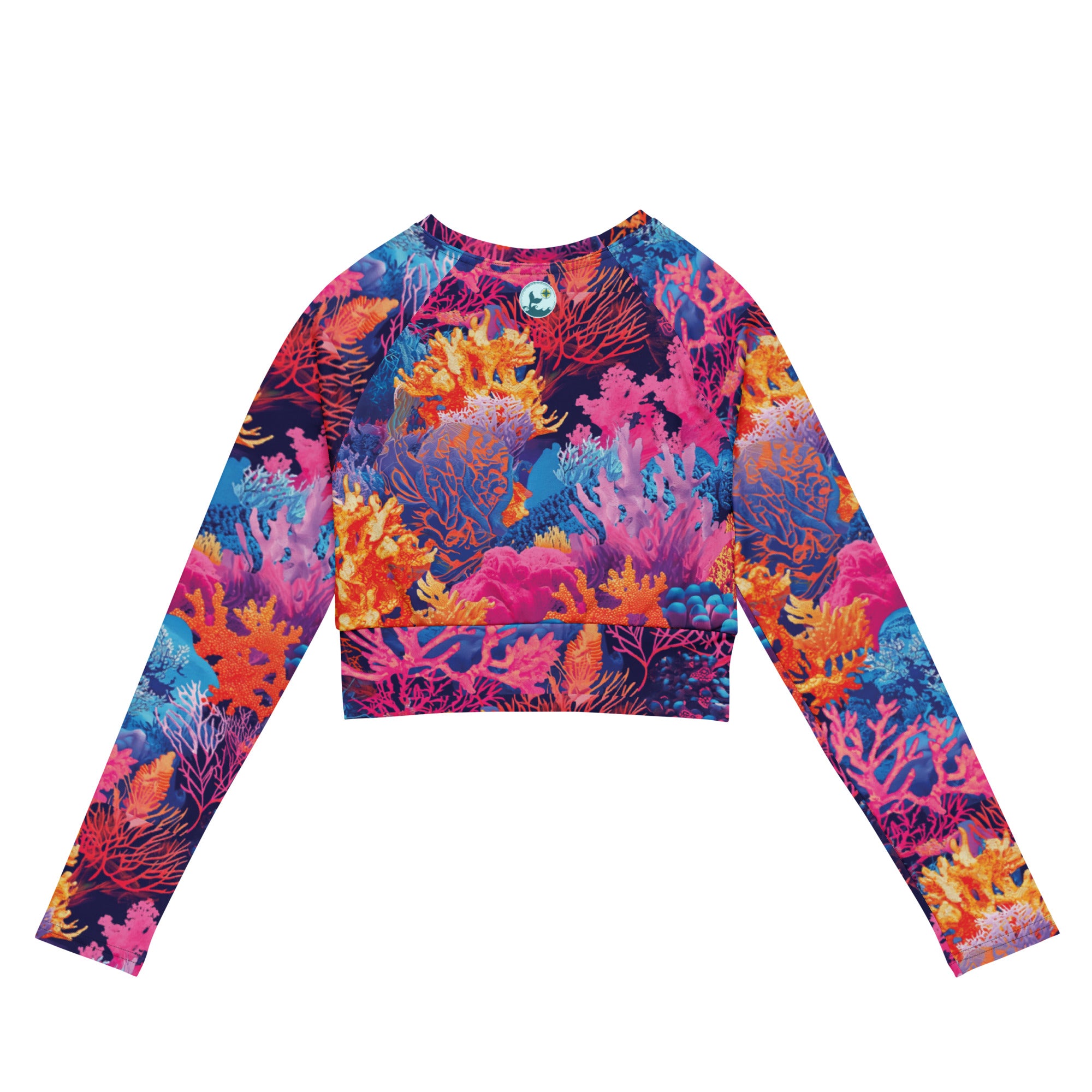 Fire Corals Cropped Rashie – back view – cropped rash guard that fits under a wetsuit for tropical diving