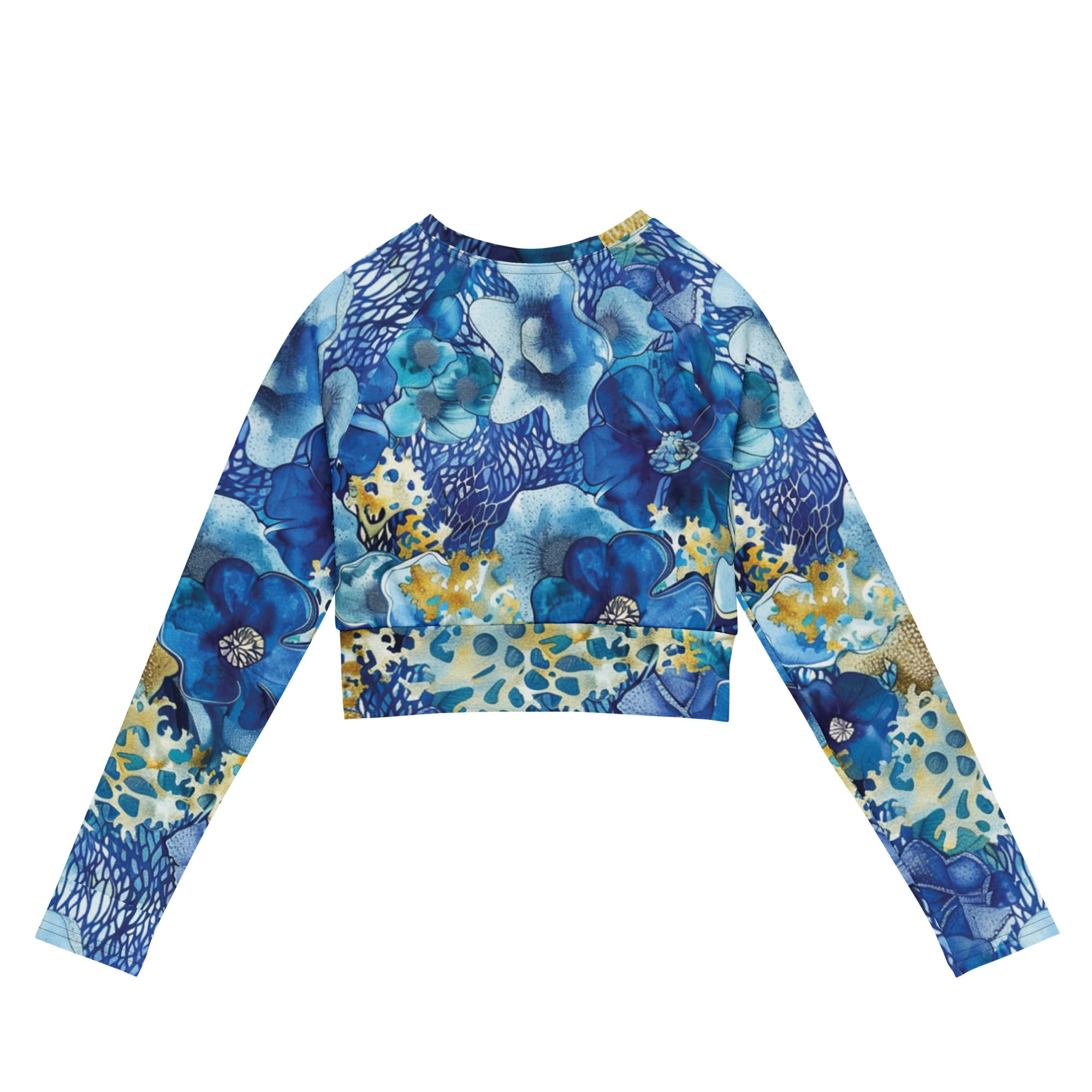 Coral Blossoms Cropped Rashie – back view – cropped rash guard that fits under a wetsuit for tropical diving