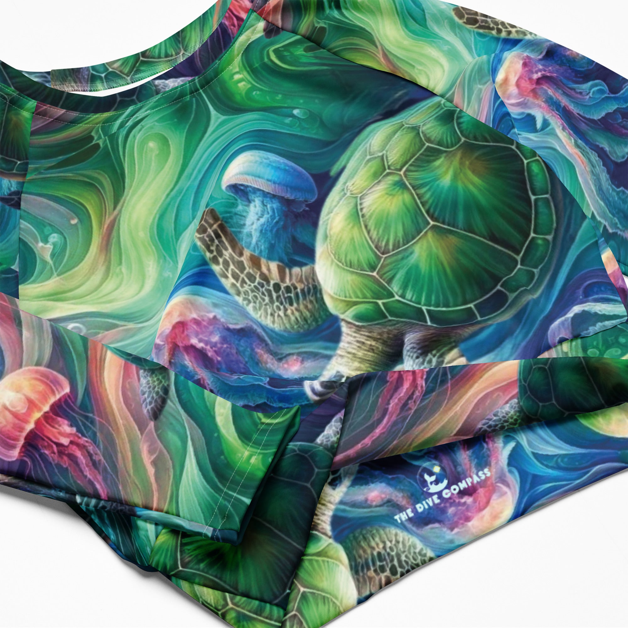 Psychedelic Turtle Cropped Rashie – product details – recycled cropped rashie made for diving, snorkeling, and surfing