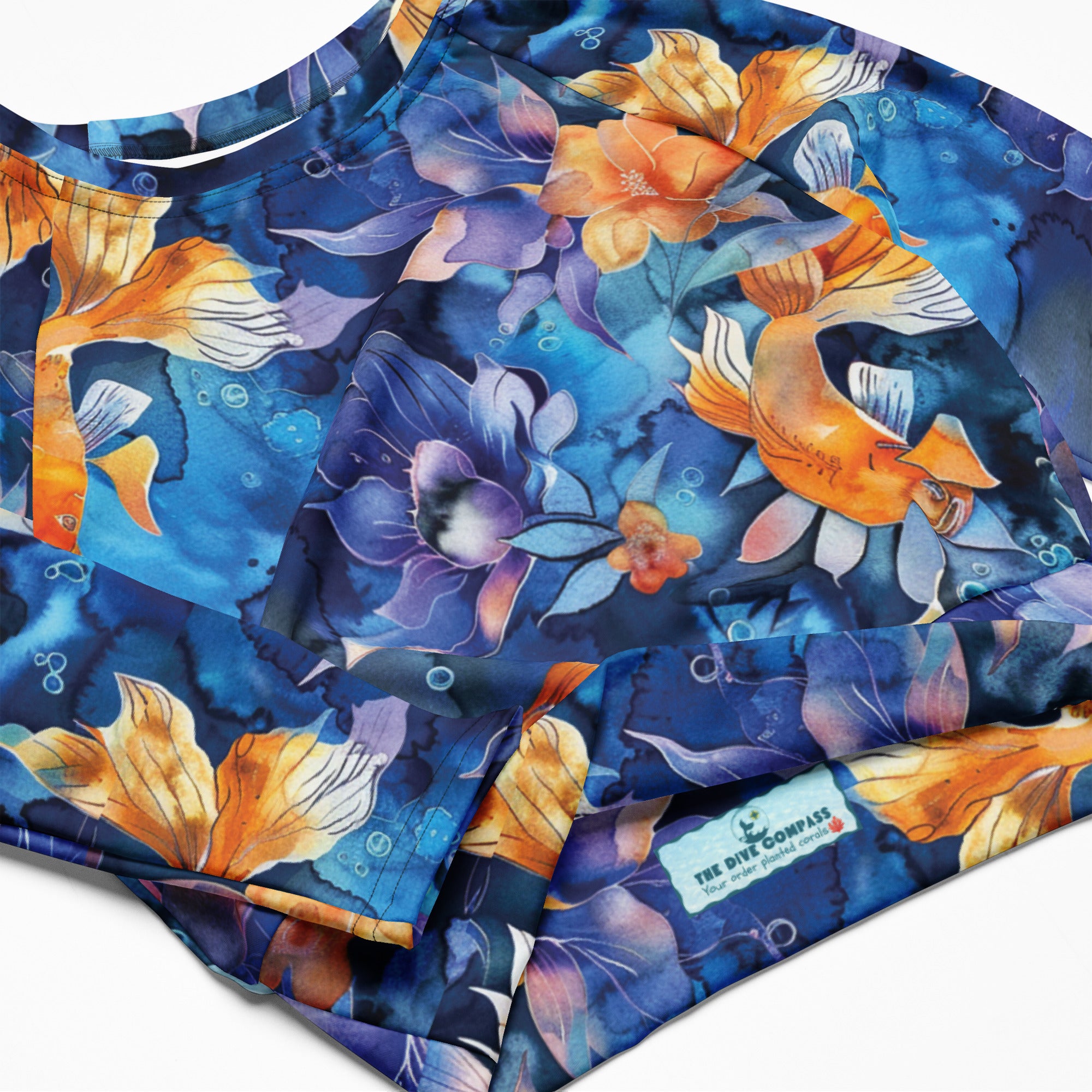 Jasmine Koi Cropped Rashie – product details – recycled cropped rashie made for diving, snorkeling, and surfing