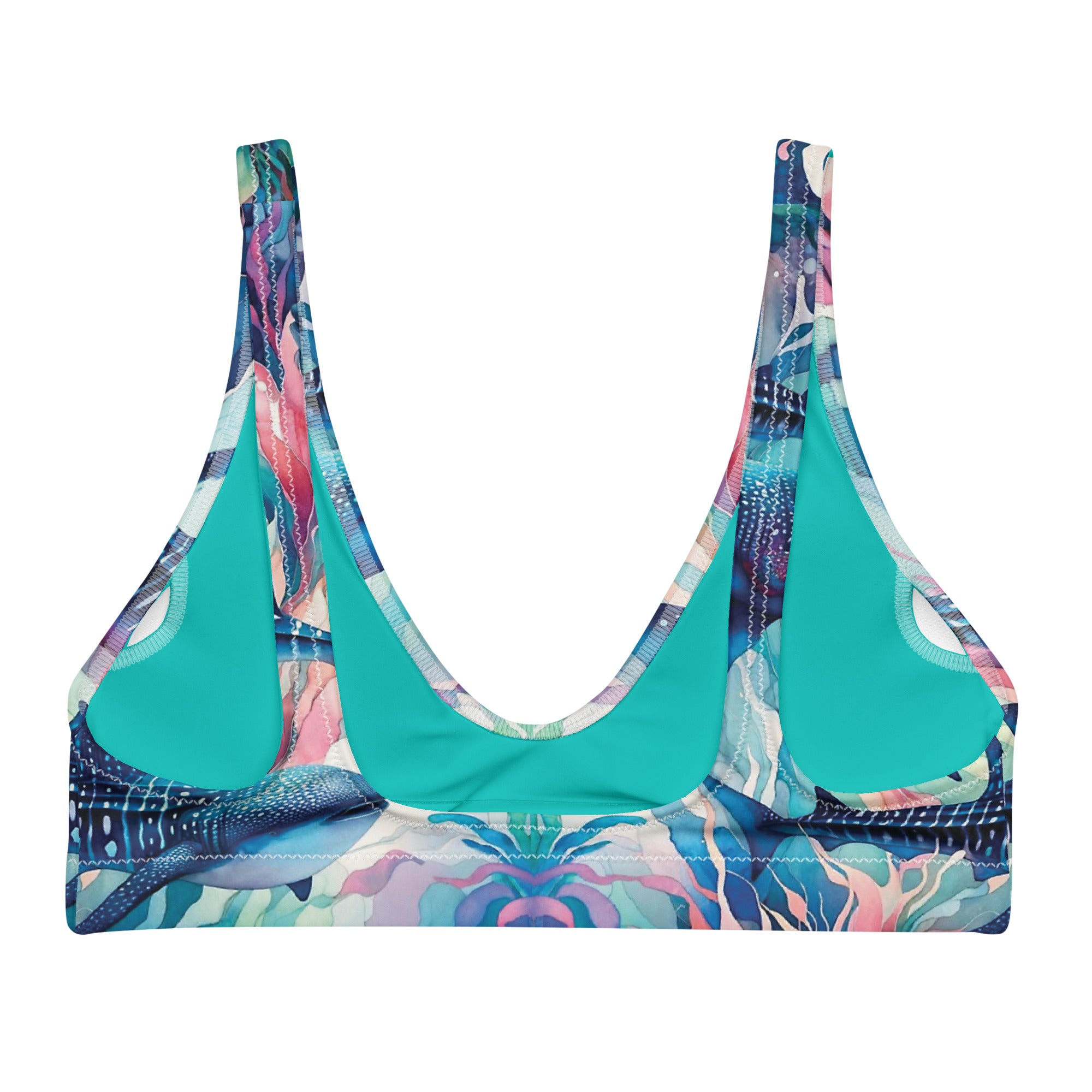 Electric Whale Shark Scuba Bikini Top – back view – diving swimsuit that stays put under a wetsuit for scuba and freediving