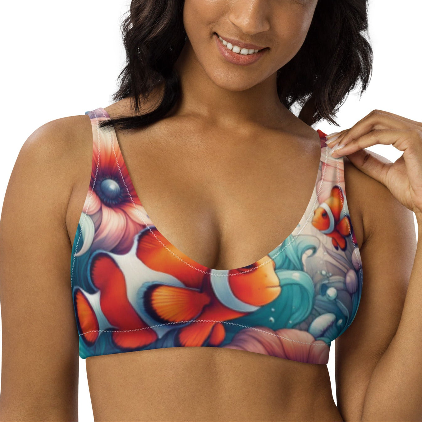 Clownfish Gardens Scuba Bikini Top – front view – recycled scuba bikini for divers, snorkelers, and warm water adventures