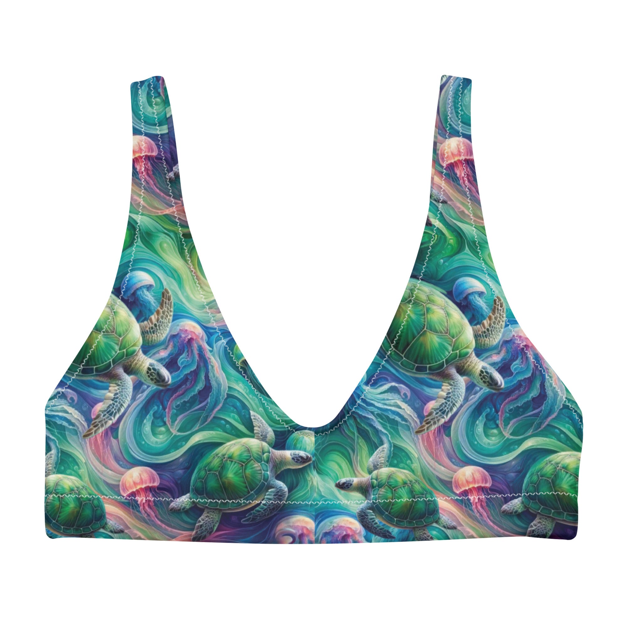 Psychedelic Turtle Scuba Bikini Top – front view – scuba diving swimsuit with UPF 50+ sun protection for tropical reef diving