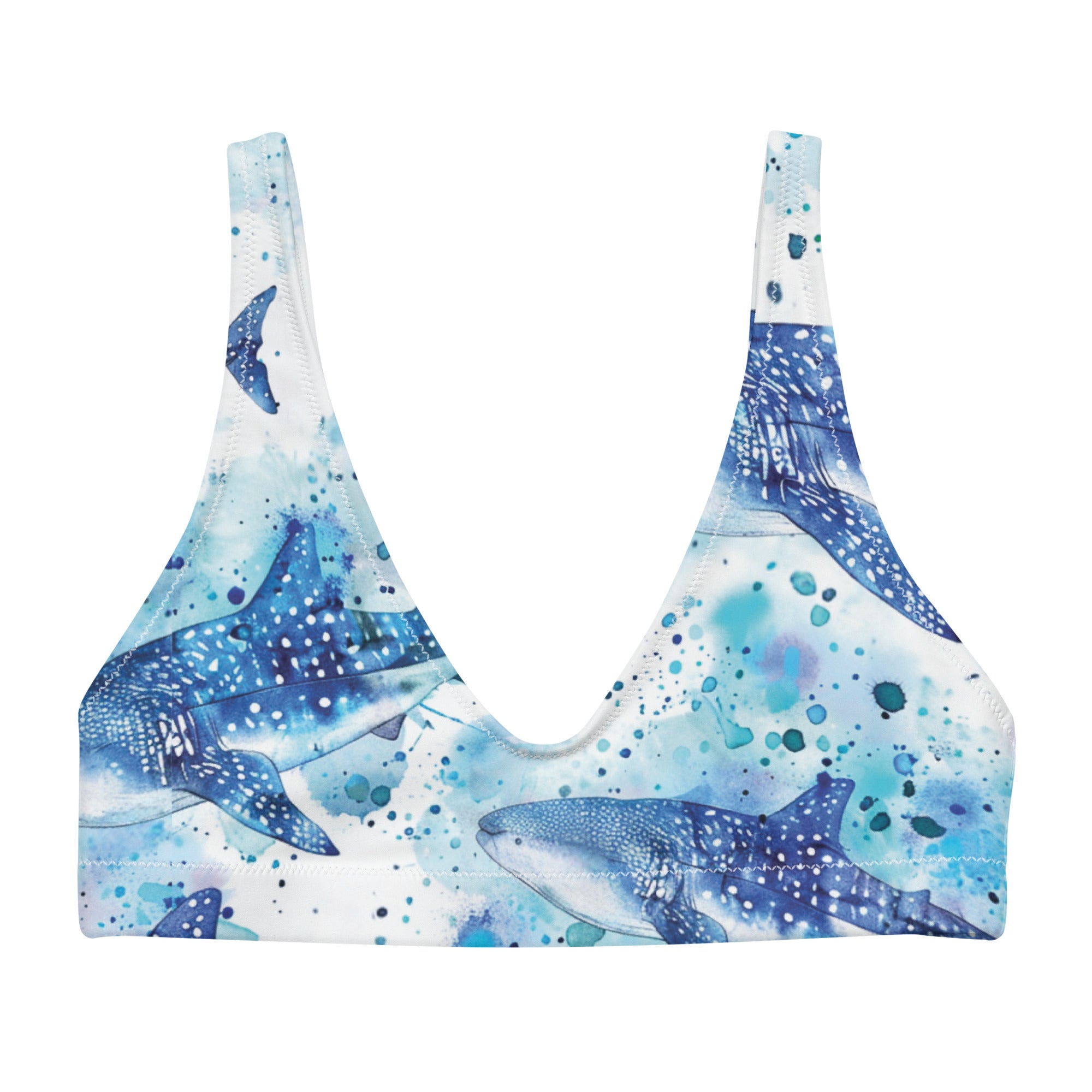 Whimsical Whale Shark Scuba Bikini Top – front view – scuba diving swimsuit with UPF 50+ sun protection for tropical reef diving