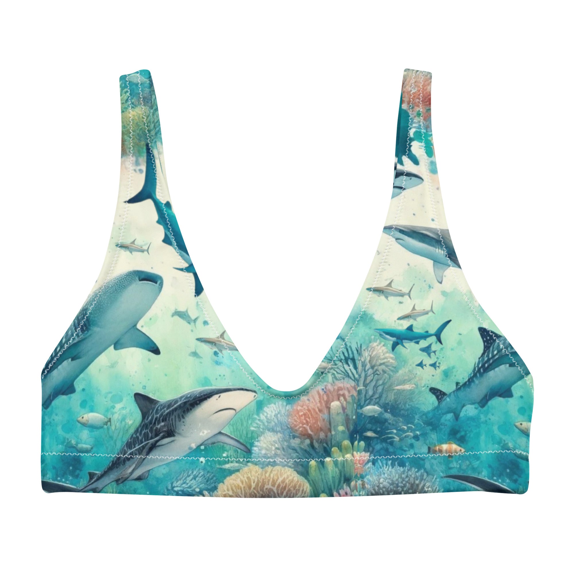 Shark Frenzy Scuba Bikini Top – front view – scuba diving swimsuit with UPF 50+ sun protection for tropical reef diving
