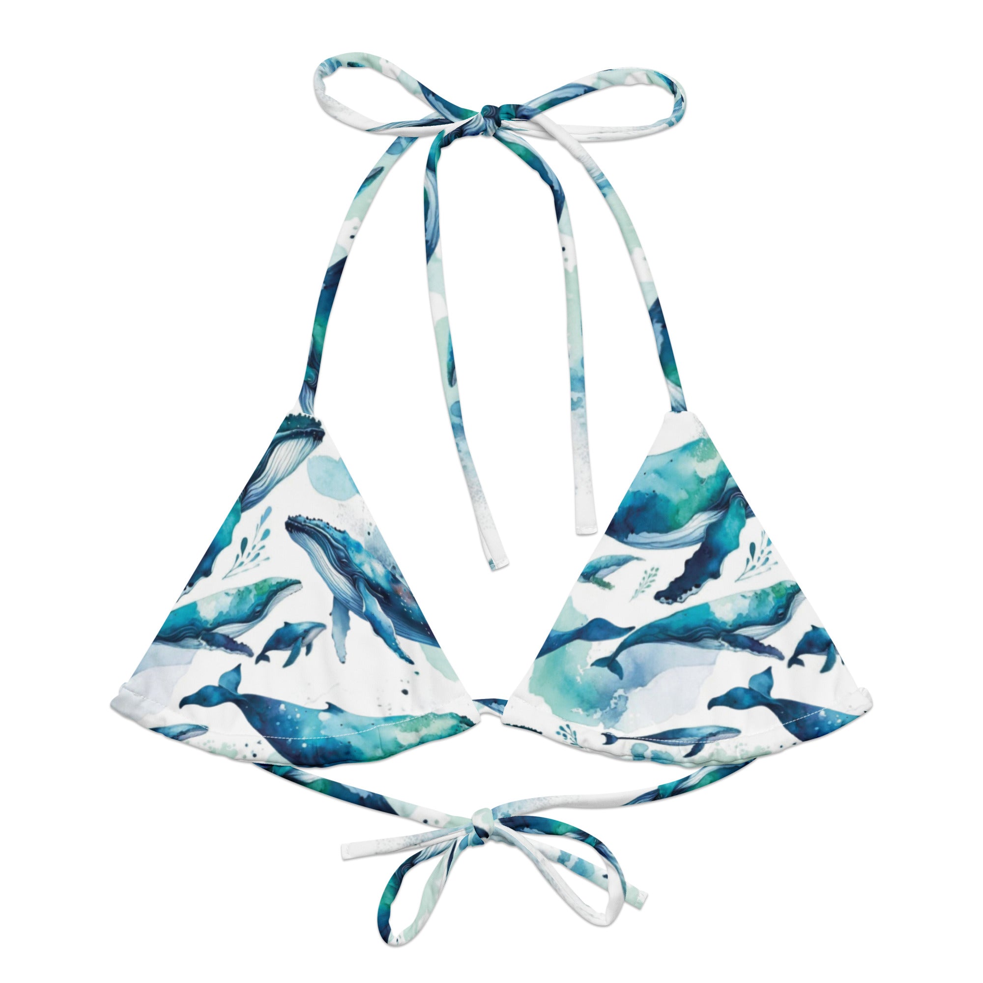 Humpback Dreams String Bikini Top – front view – recycled string bikini for divers, snorkelers, and tropical beach days