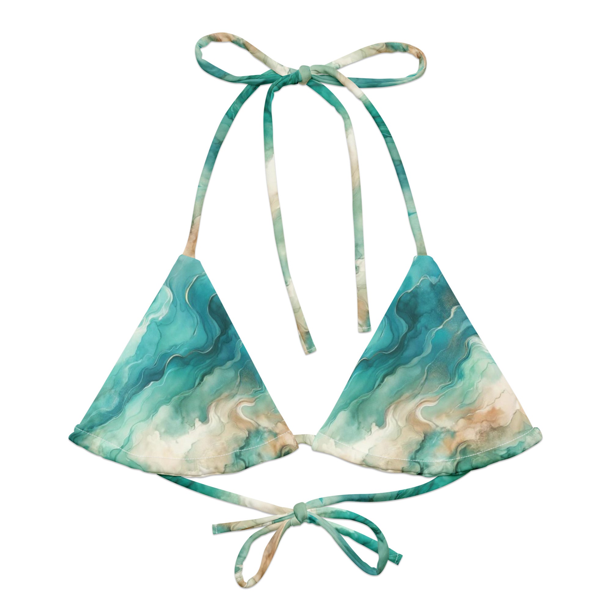 Turquoise Seas String Bikini Top – front view – recycled string bikini for divers, snorkelers, and tropical beach days