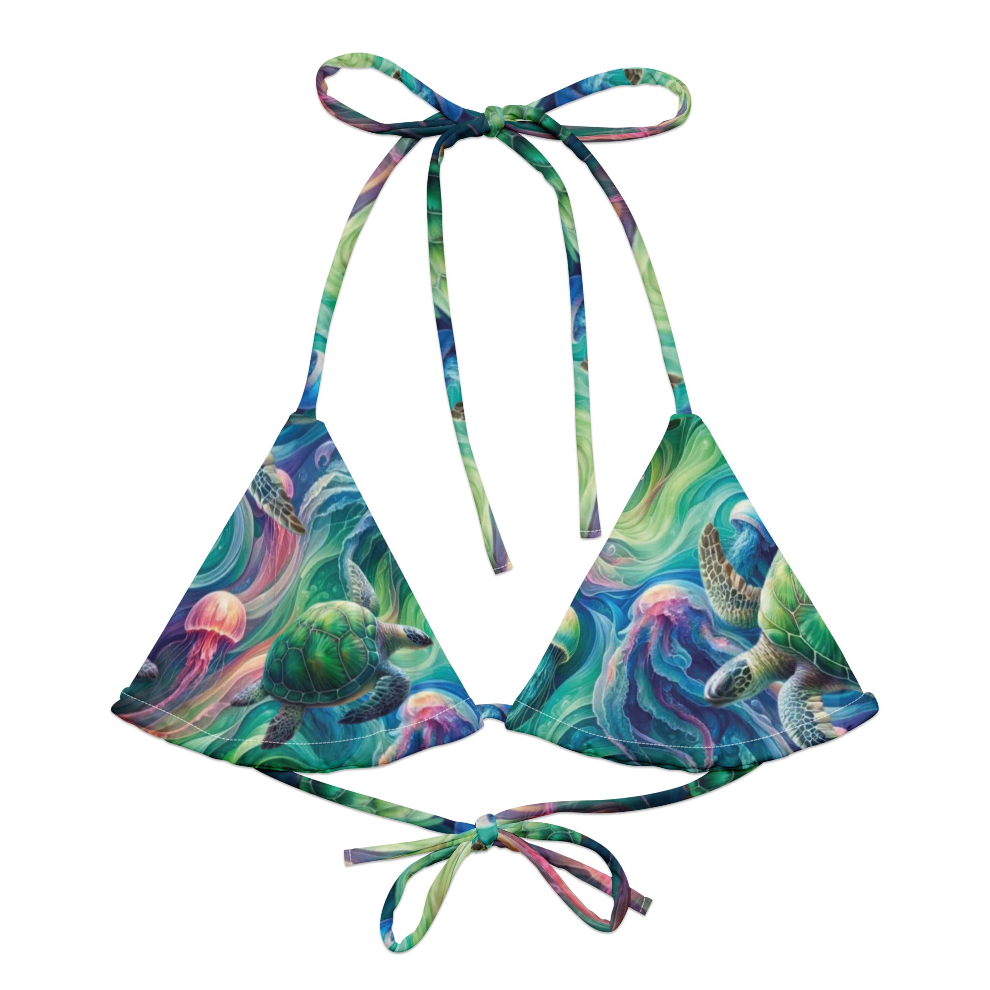 Psychedelic Turtle String Bikini Top – front view – recycled string bikini for divers, snorkelers, and tropical beach days