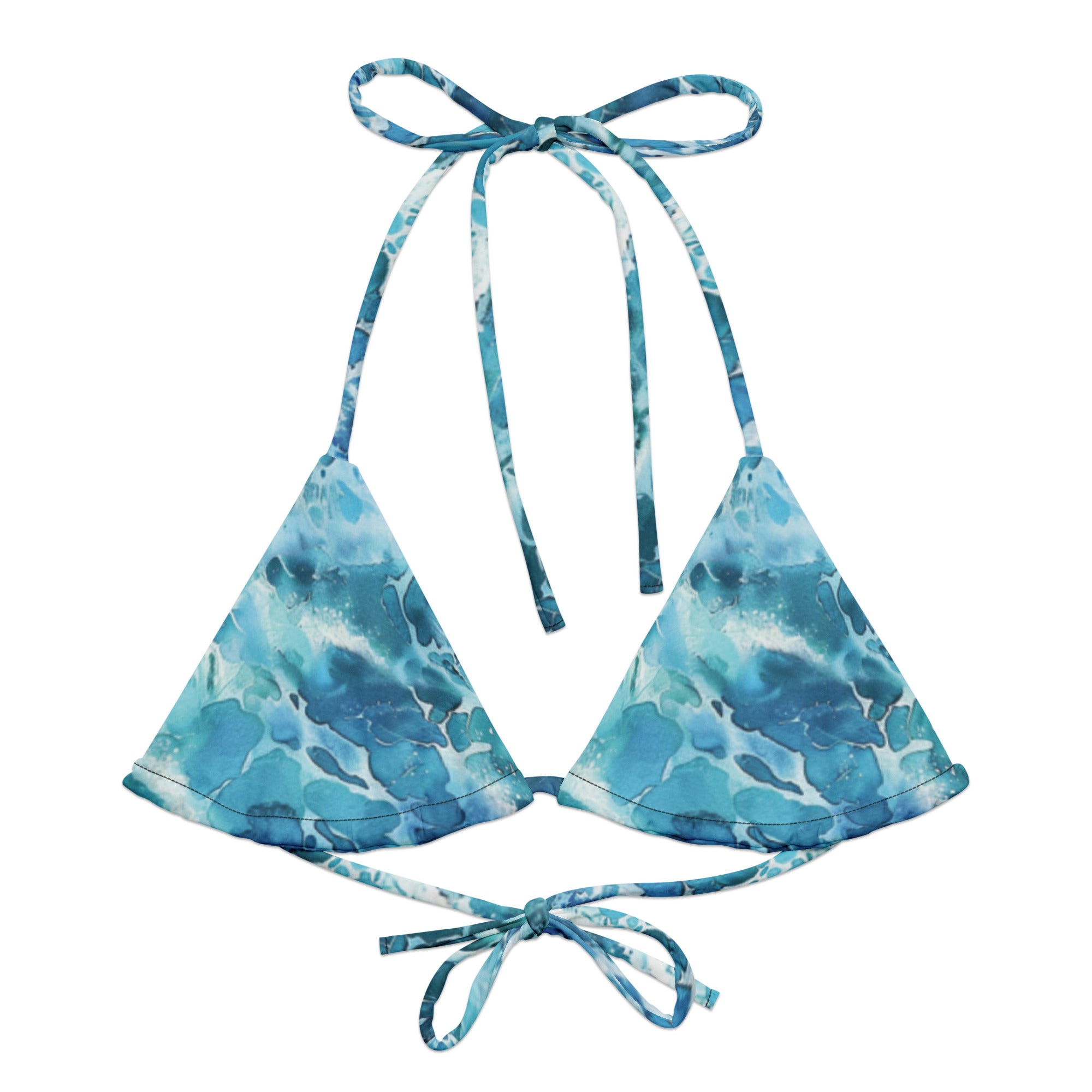 Ocean Serenity String Bikini Top – front view – recycled string bikini for divers, snorkelers, and tropical beach days