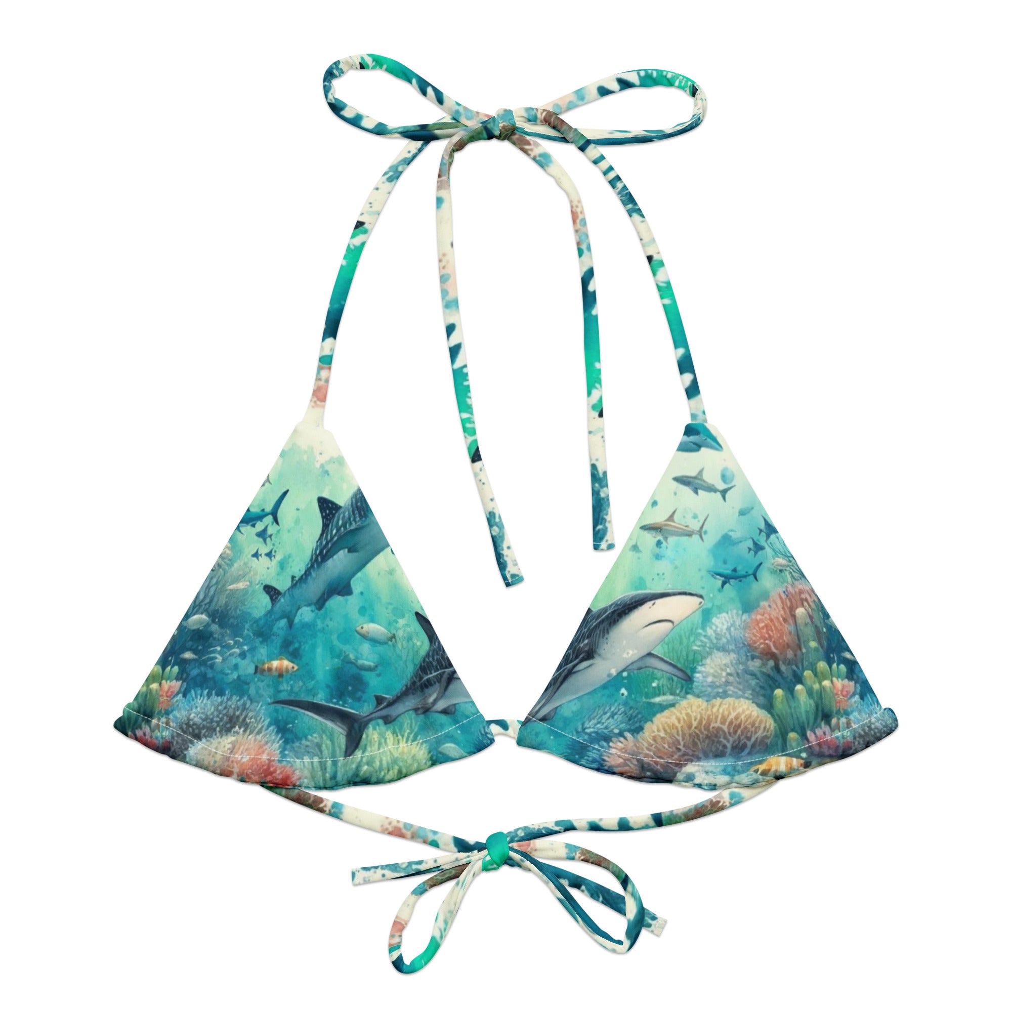 Shark Frenzy String Bikini Top – front view – recycled string bikini for divers, snorkelers, and tropical beach days