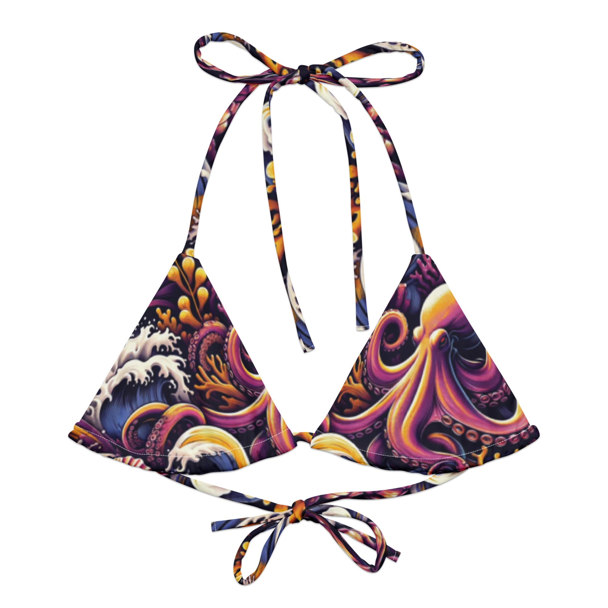 Octopus Ink String Bikini Top – front view – recycled string bikini for divers, snorkelers, and tropical beach days