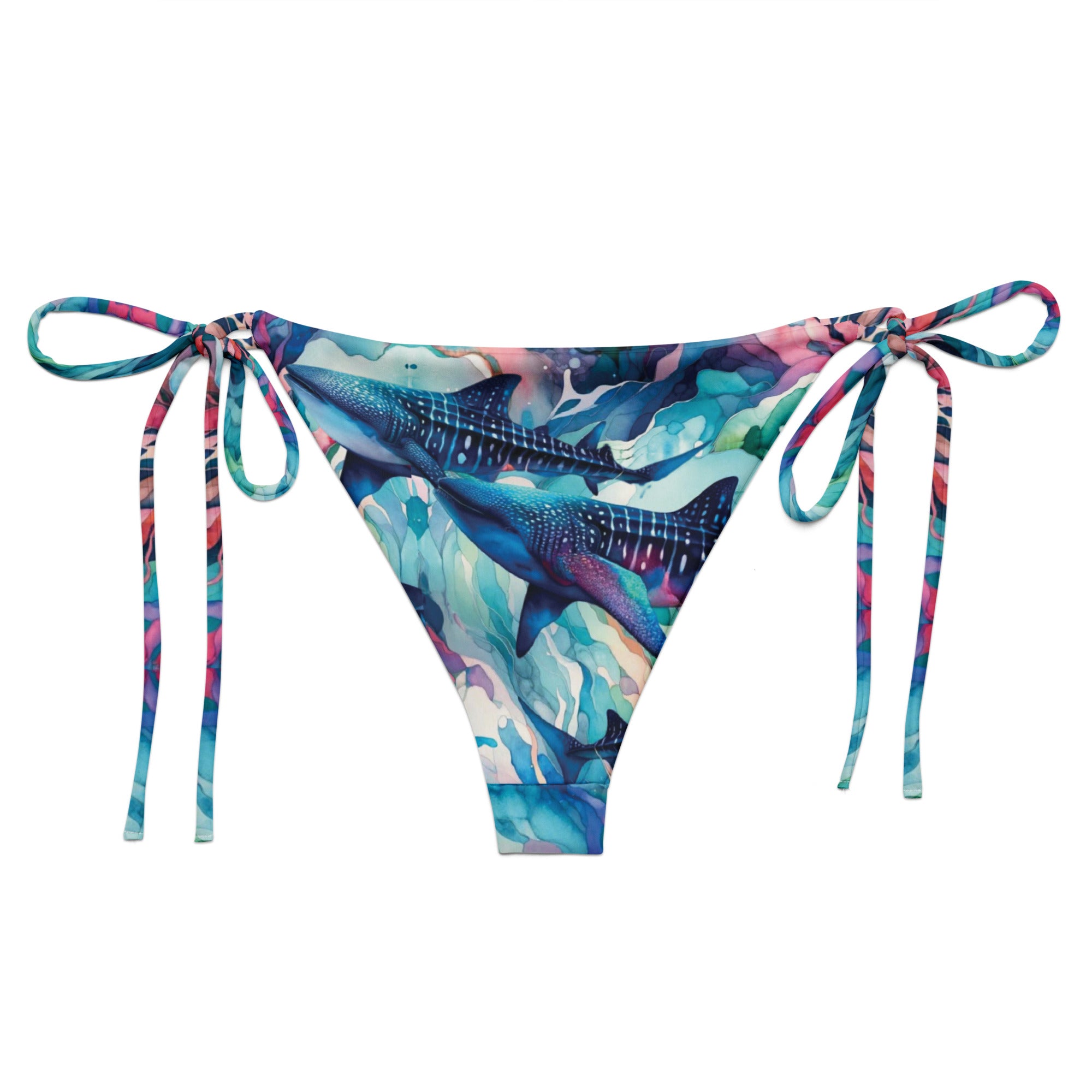 Electric Whale Shark String Bikini Bottom – back view – ocean swimwear with adjustable string ties and recycled polyester fabric