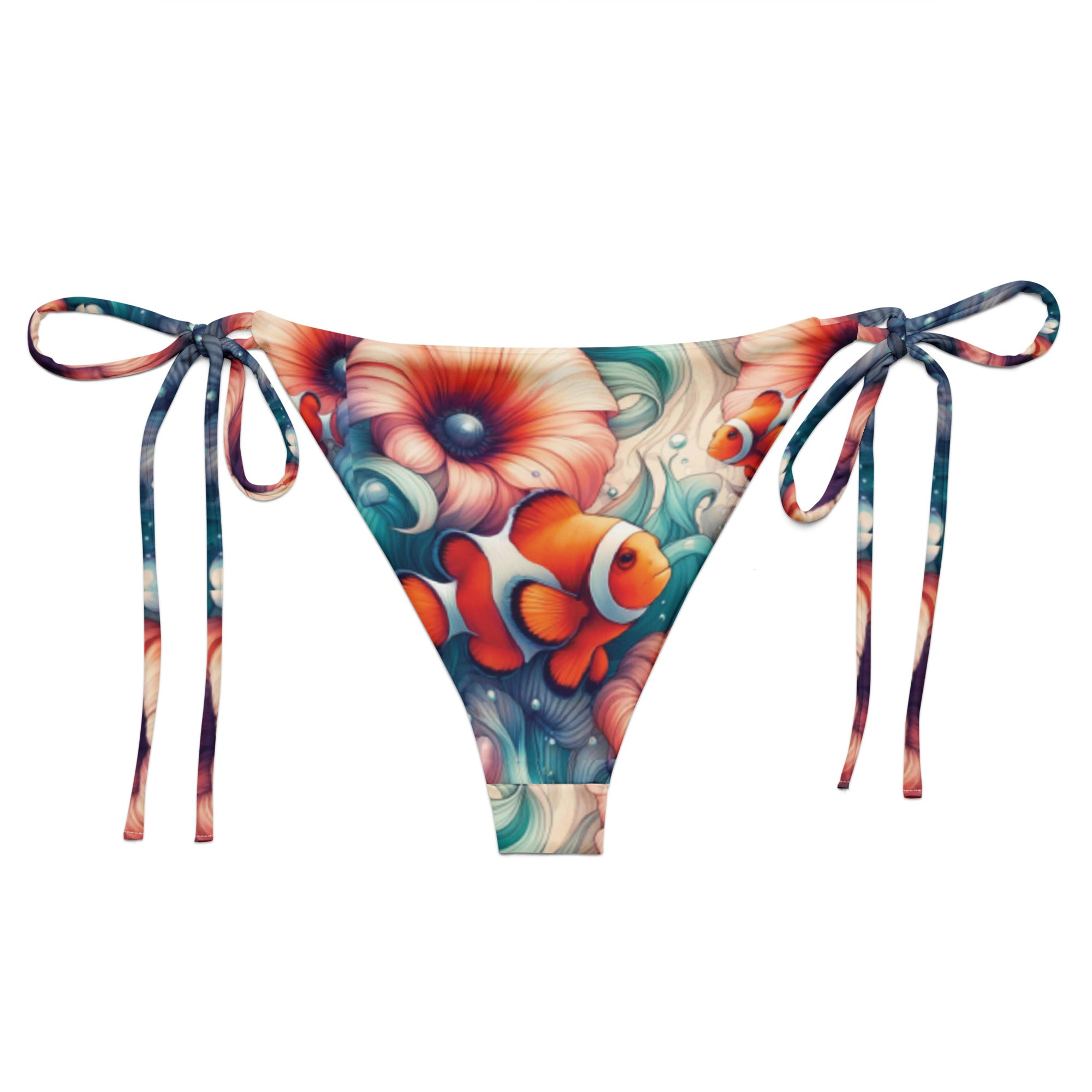 Clownfish Gardens String Bikini Bottom – back view – ocean swimwear with adjustable string ties and recycled polyester fabric