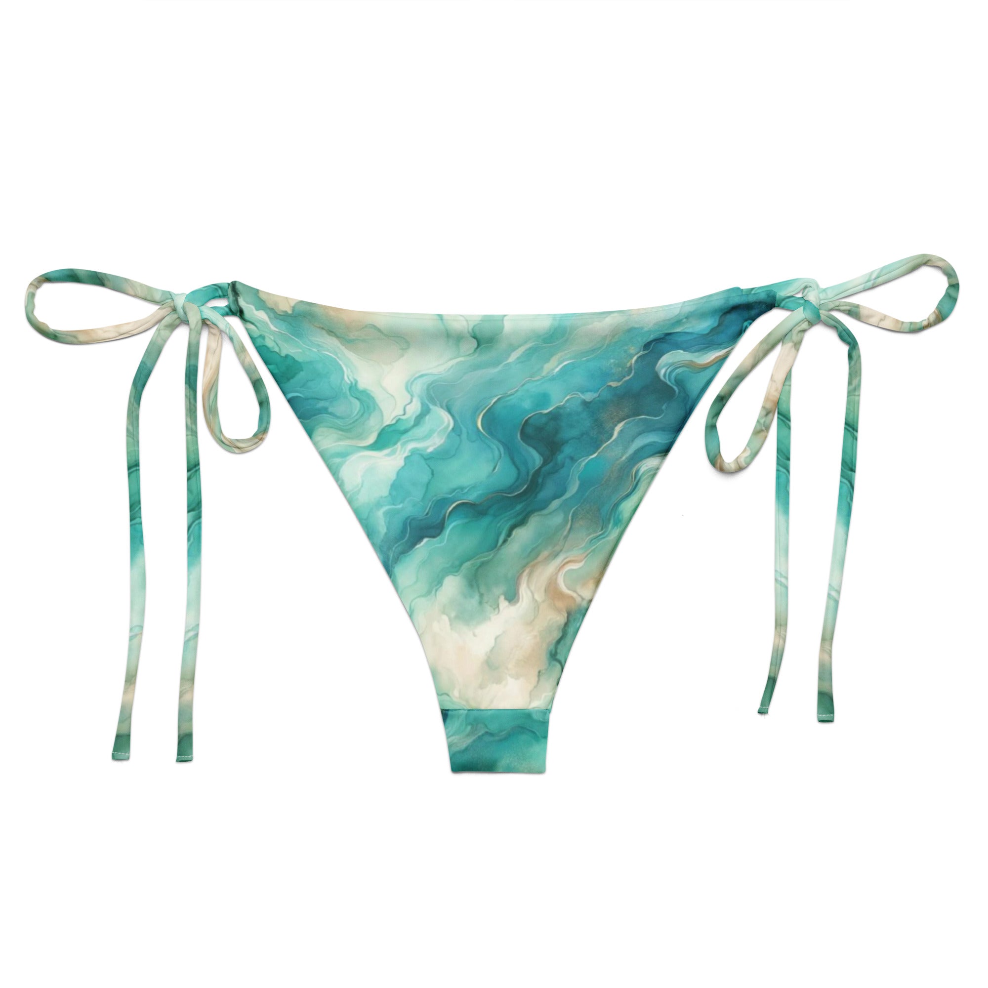 Turquoise Seas String Bikini Bottom – back view – ocean swimwear with adjustable string ties and recycled polyester fabric