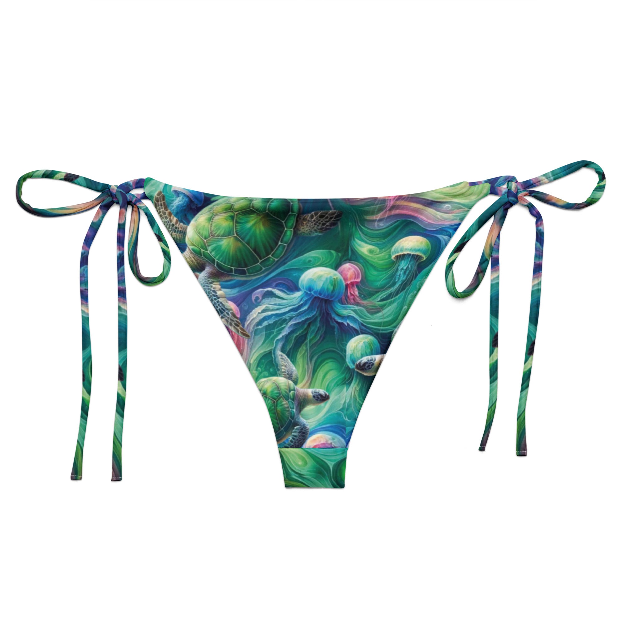 Psychedelic Turtle String Bikini Bottom – back view – ocean swimwear with adjustable string ties and recycled polyester fabric