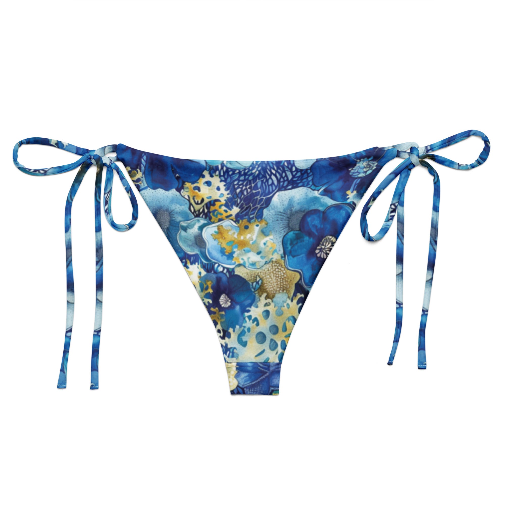 Coral Blossoms String Bikini Bottom – back view – ocean swimwear with adjustable string ties and recycled polyester fabric
