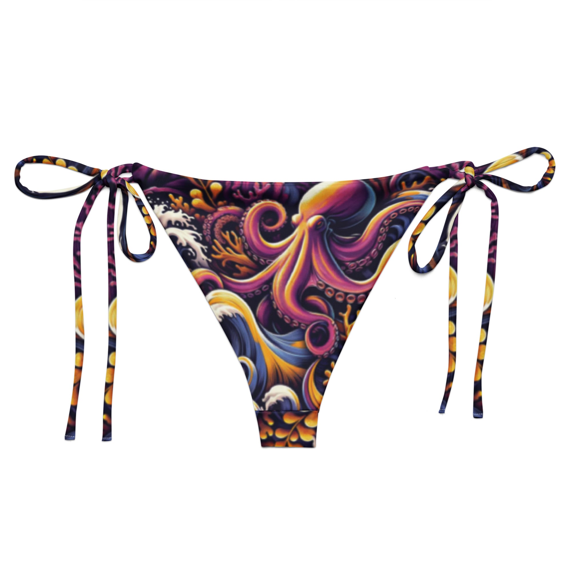 Octopus Ink String Bikini Bottom – back view – ocean swimwear with adjustable string ties and recycled polyester fabric