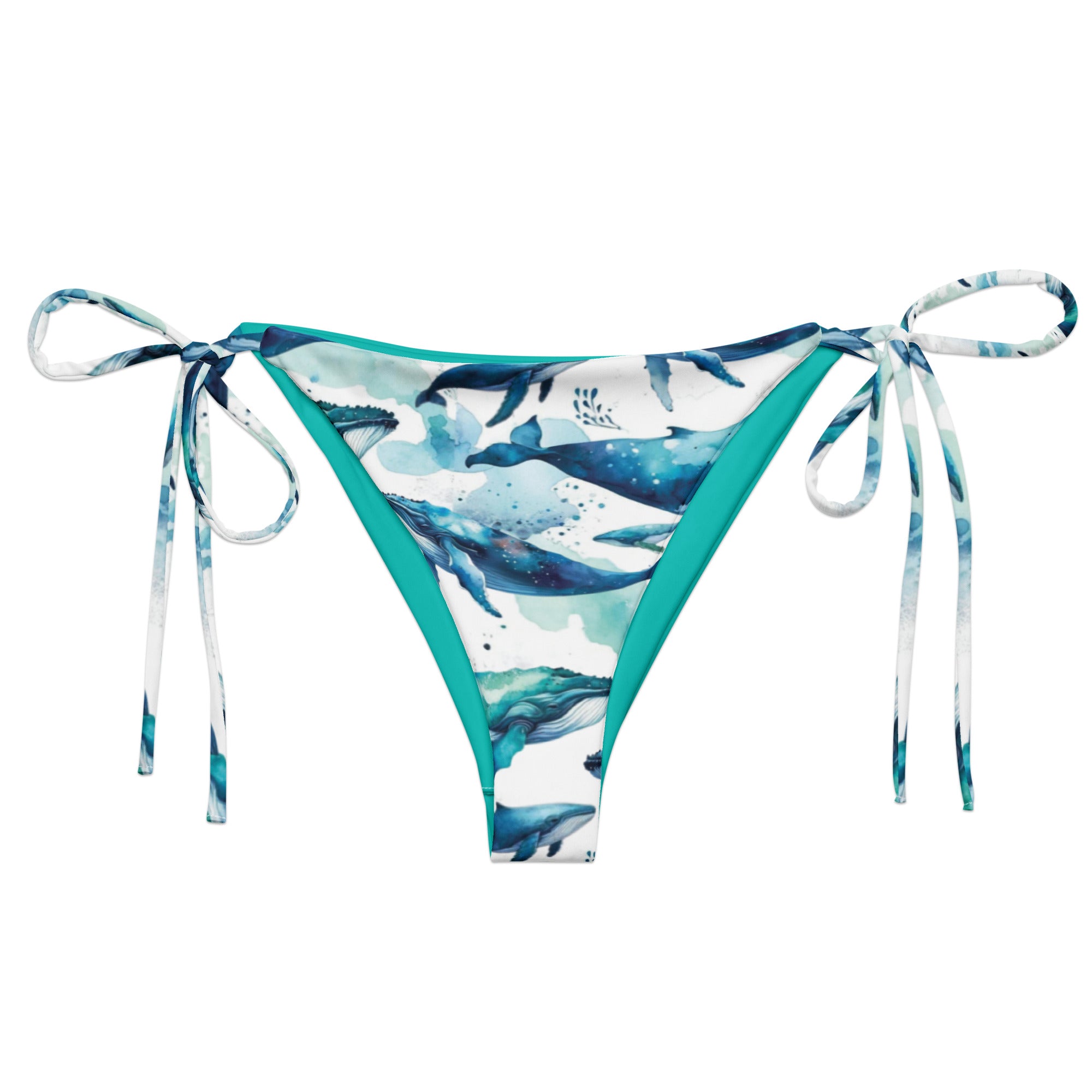Humpback Dreams String Bikini Bottom – front view – recycled string bikini for divers, snorkelers, and tropical beach days