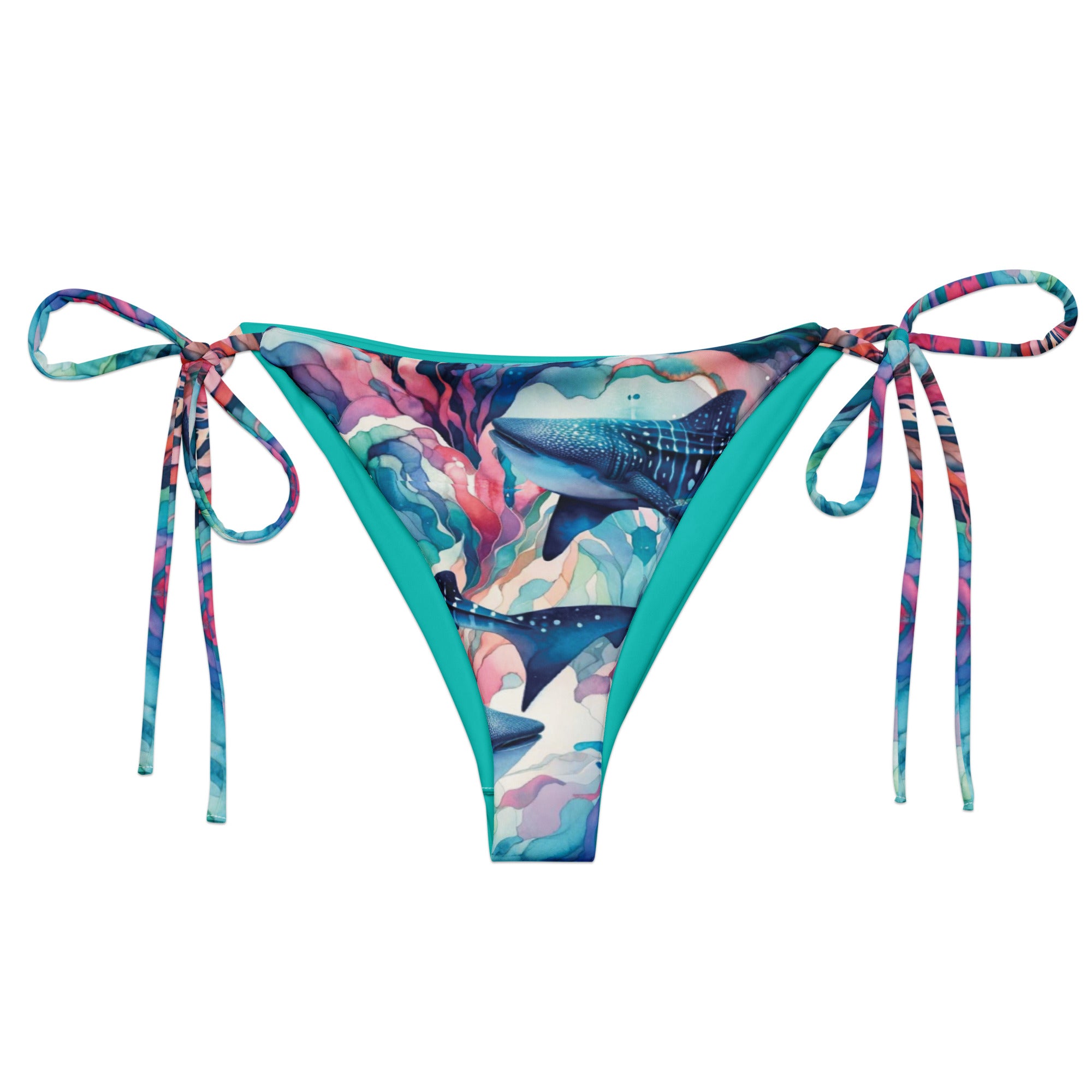 Electric Whale Shark String Bikini Bottom – front view – recycled string bikini for divers, snorkelers, and tropical beach days
