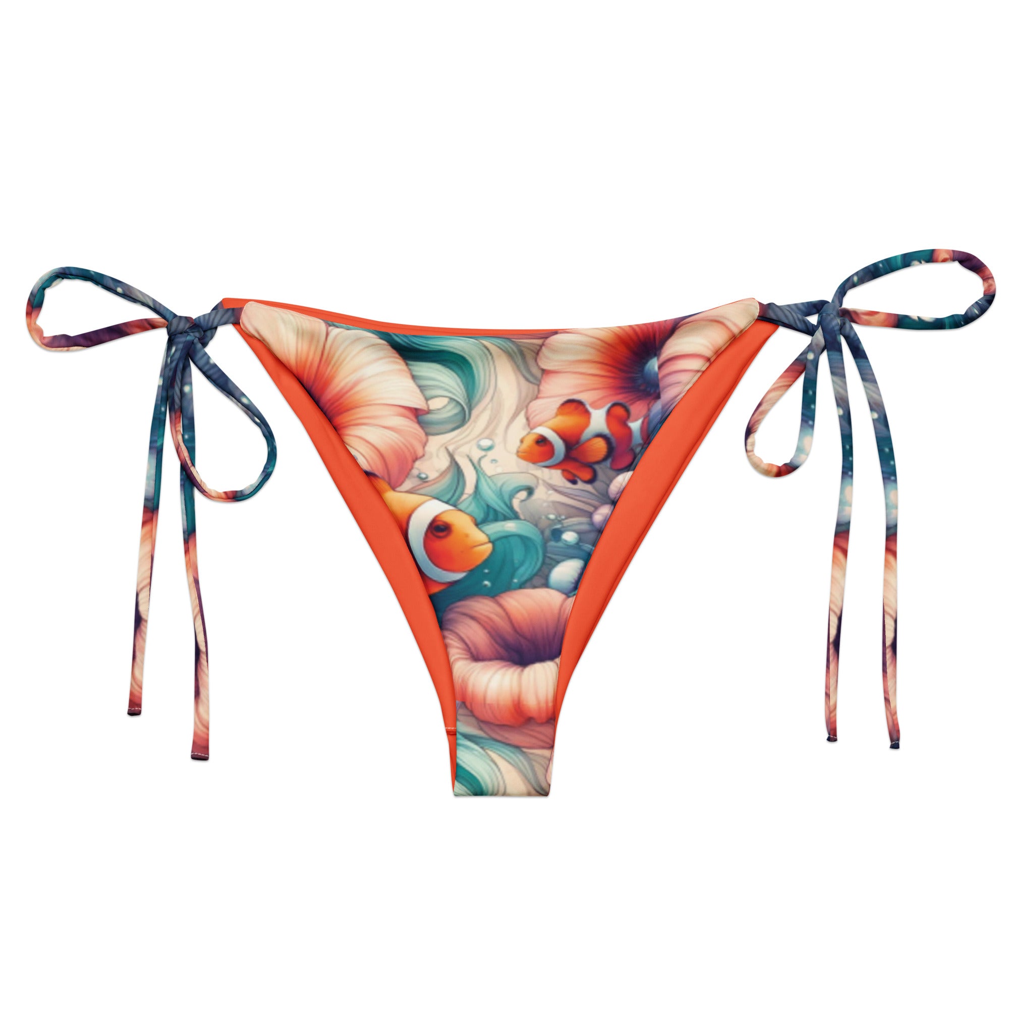 Clownfish Gardens String Bikini Bottom – front view – recycled string bikini for divers, snorkelers, and tropical beach days