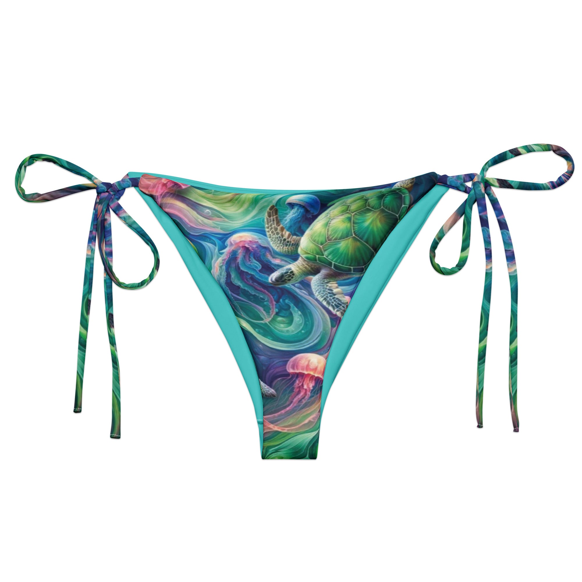 Psychedelic Turtle String Bikini Bottom – front view – recycled string bikini for divers, snorkelers, and tropical beach days