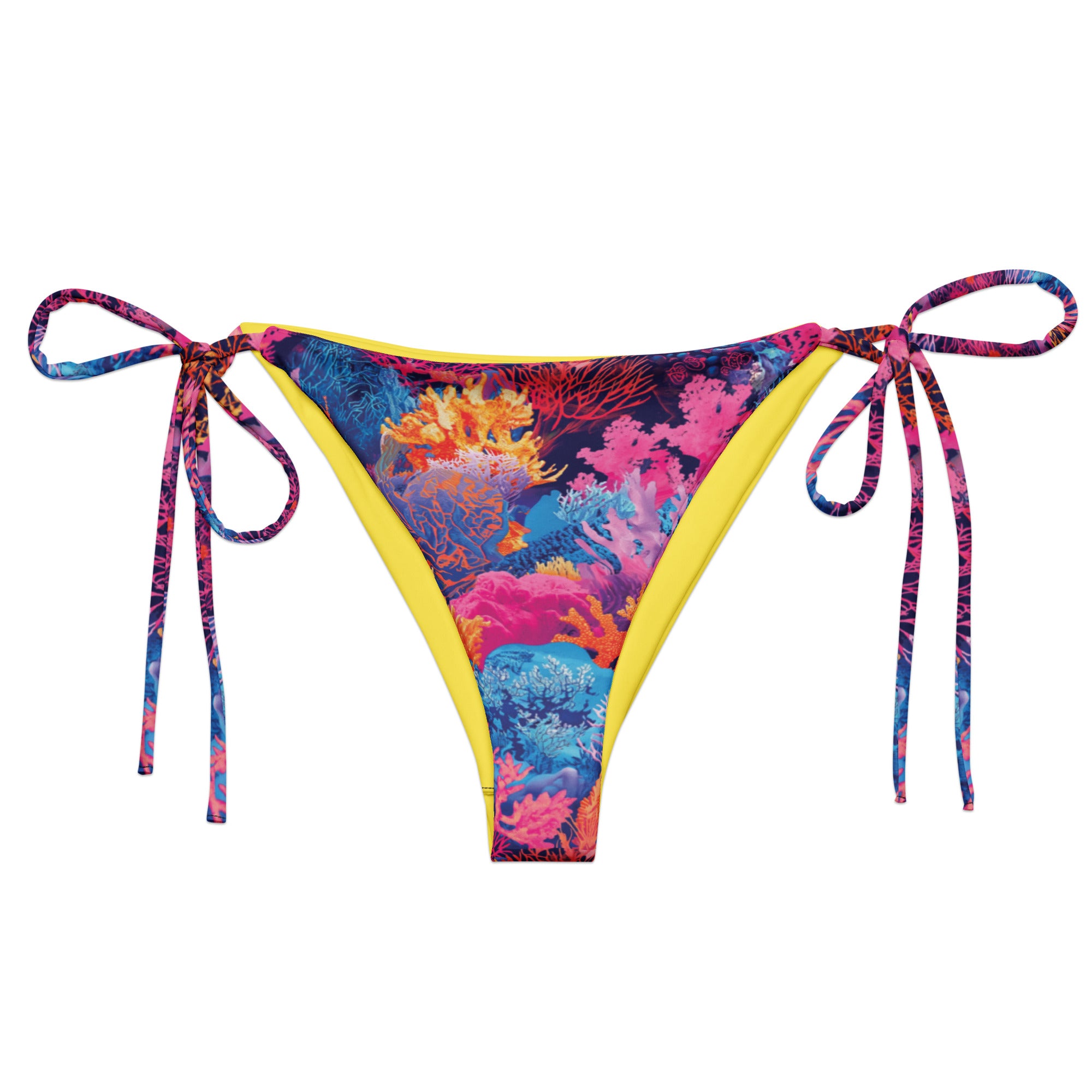 Fire Corals String Bikini Bottom – front view – recycled string bikini for divers, snorkelers, and tropical beach days
