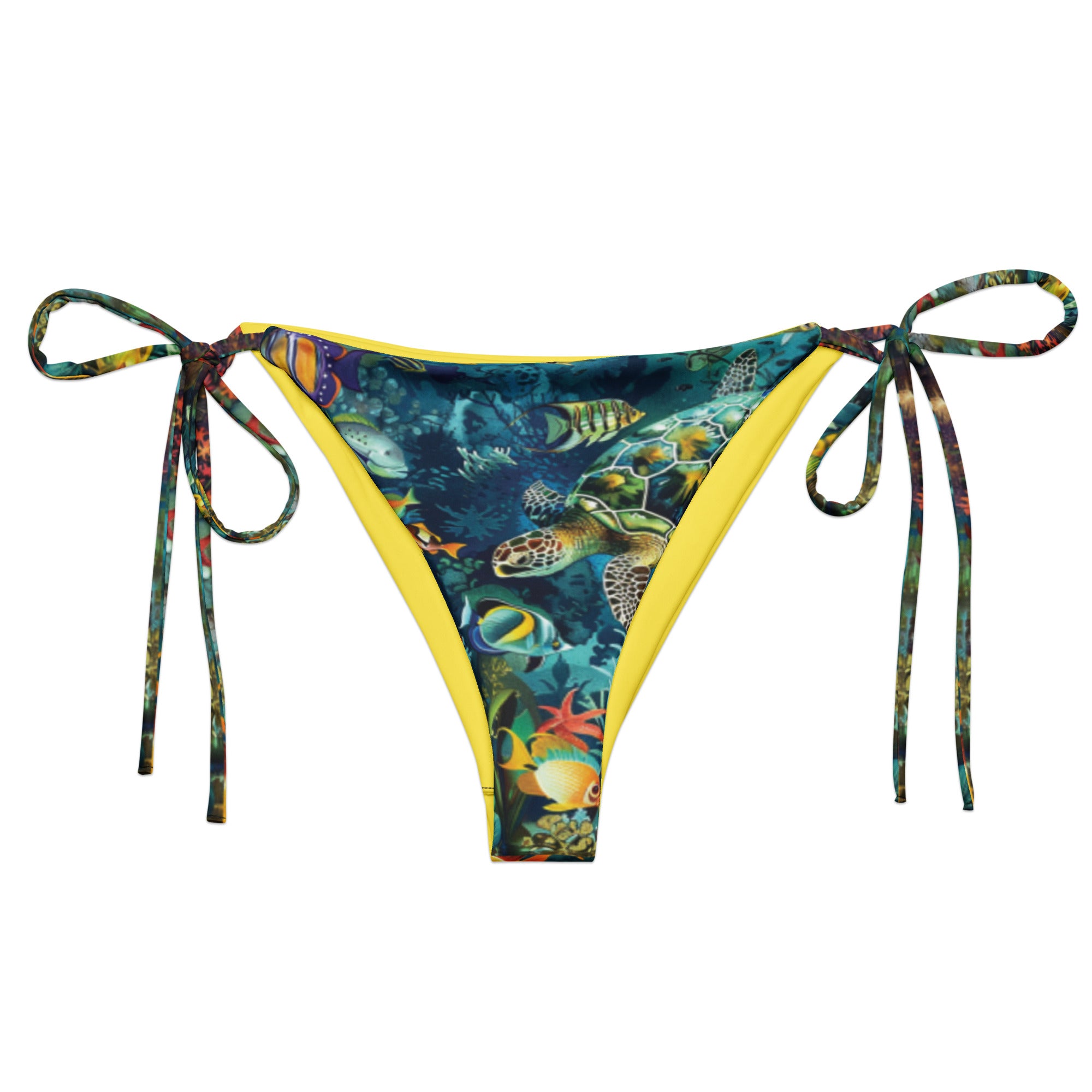 Maldives String Bikini Bottom – front view – recycled string bikini for divers, snorkelers, and tropical beach days