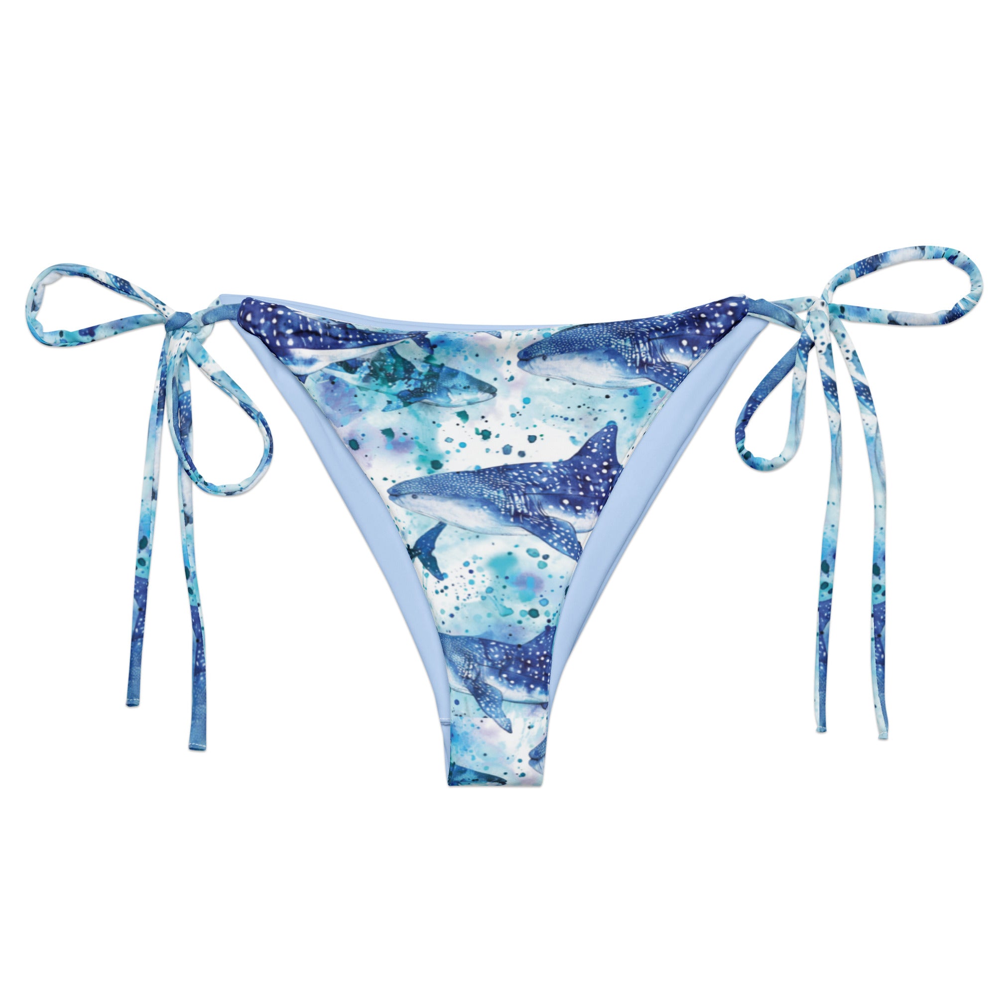 Whimsical Whale Shark String Bikini Bottom – front view – recycled string bikini for divers, snorkelers, and tropical beach days