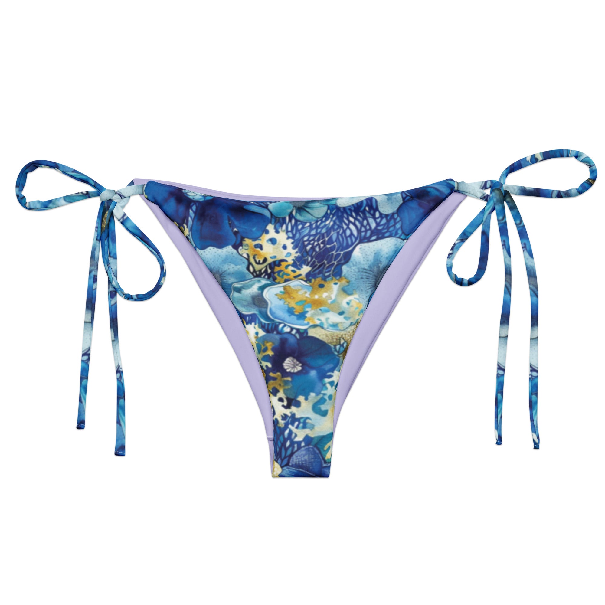 Coral Blossoms String Bikini Bottom – front view – recycled string bikini for divers, snorkelers, and tropical beach days