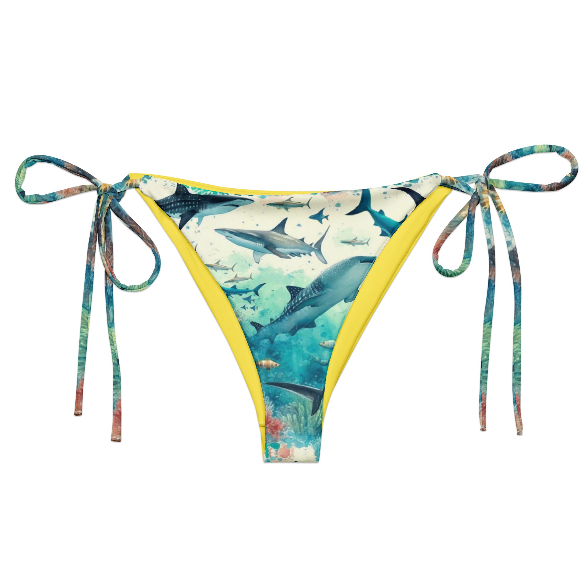 Shark Frenzy String Bikini Bottom – front view – recycled string bikini for divers, snorkelers, and tropical beach days