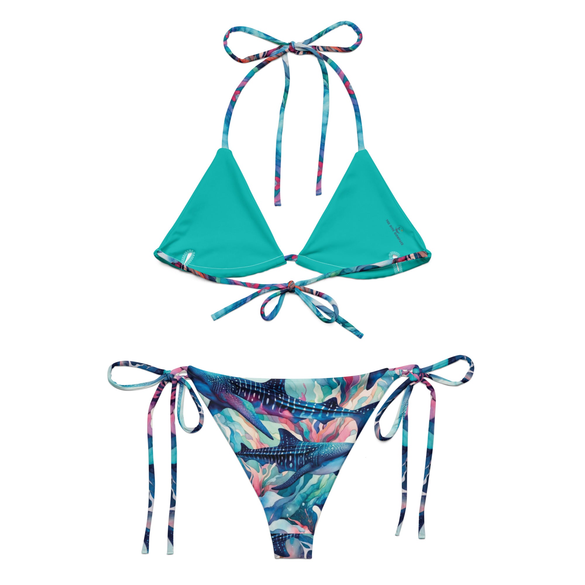 Electric Whale Shark String Bikini – back view – ocean swimwear with adjustable string ties and recycled polyester fabric