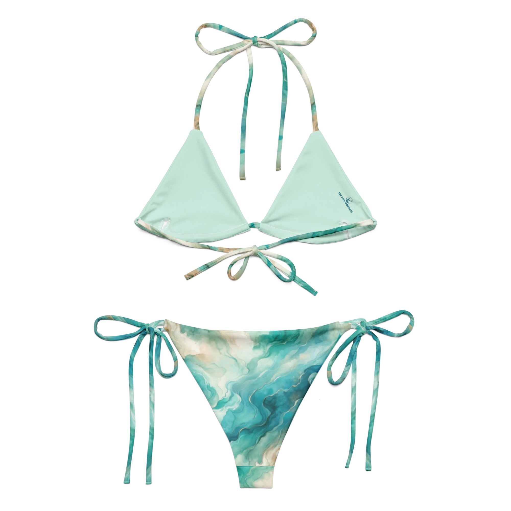 Turquoise Seas String Bikini – back view – ocean swimwear with adjustable string ties and recycled polyester fabric