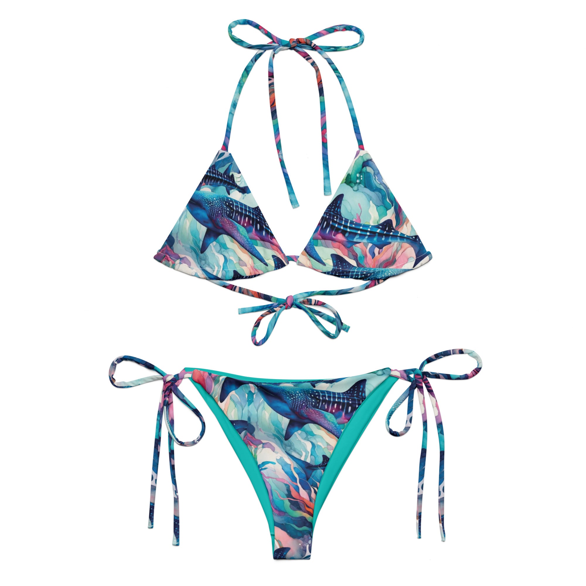 Electric Whale Shark String Bikini – front view – recycled string bikini for divers, snorkelers, and tropical beach days