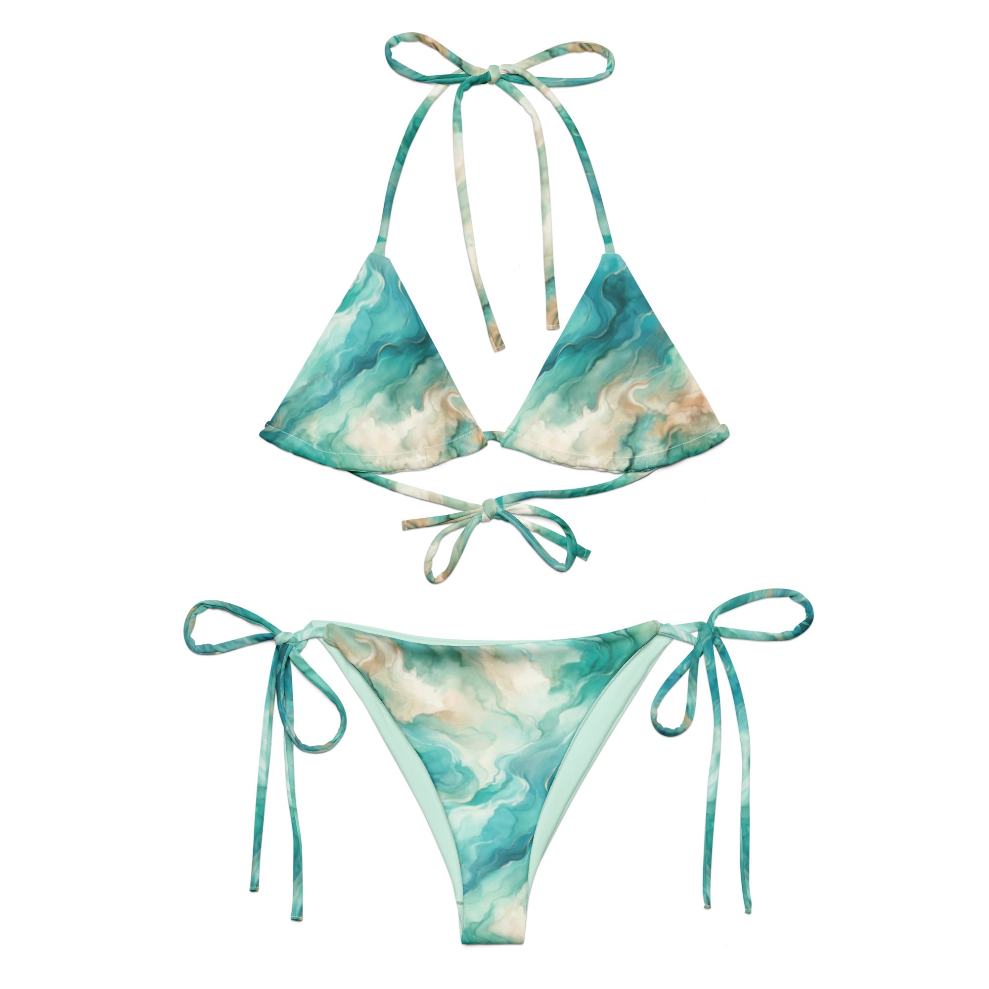 Turquoise Seas String Bikini – front view – recycled string bikini for divers, snorkelers, and tropical beach days
