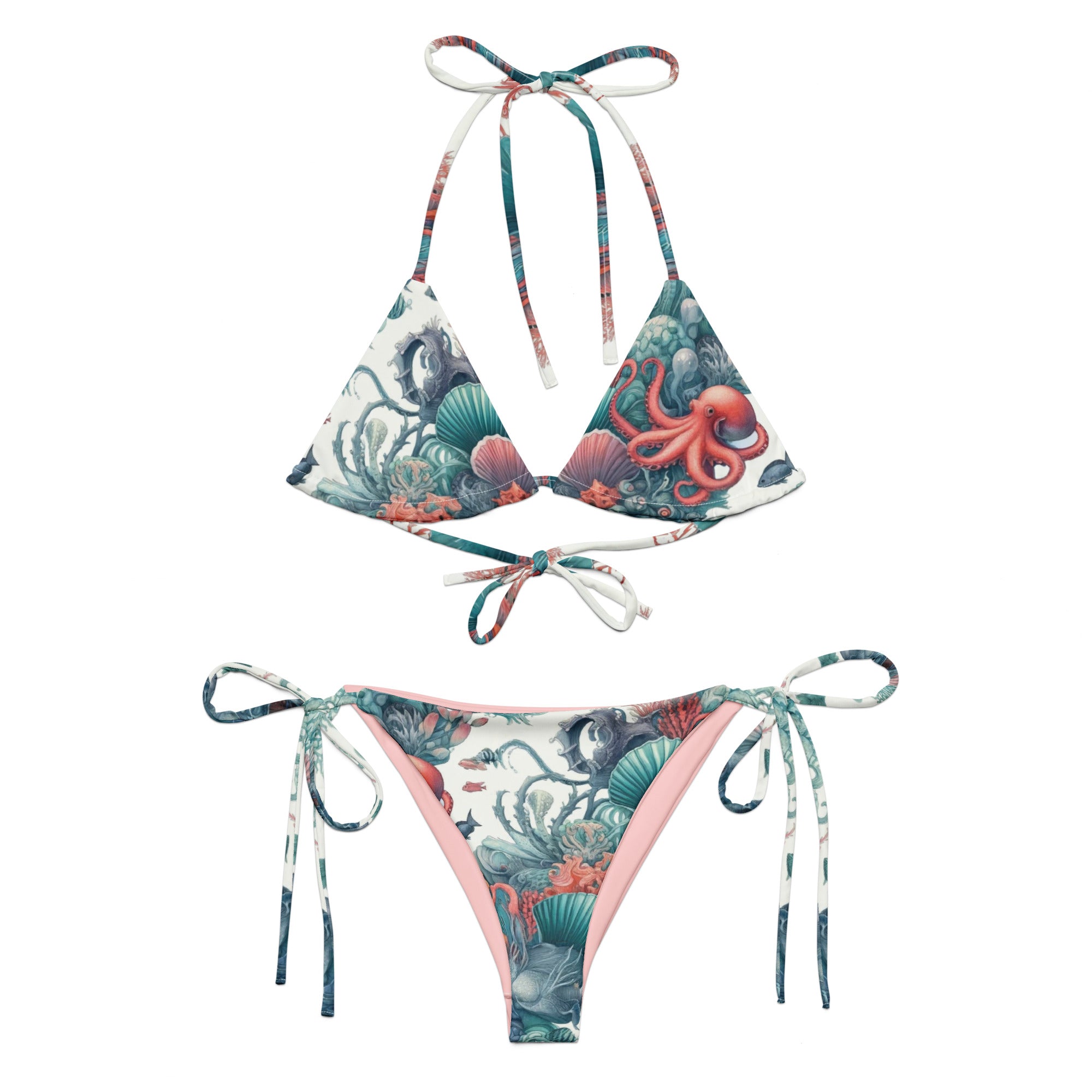 Octopus Reef String Bikini – front view – recycled string bikini for divers, snorkelers, and tropical beach days