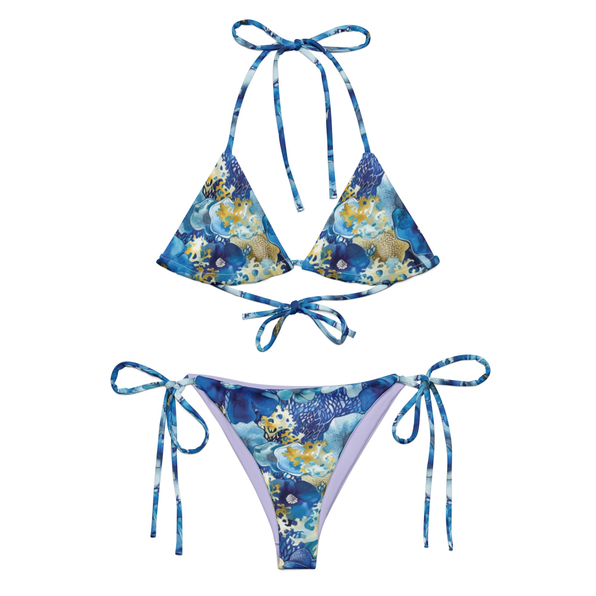 Coral Blossoms String Bikini – front view – recycled string bikini for divers, snorkelers, and tropical beach days