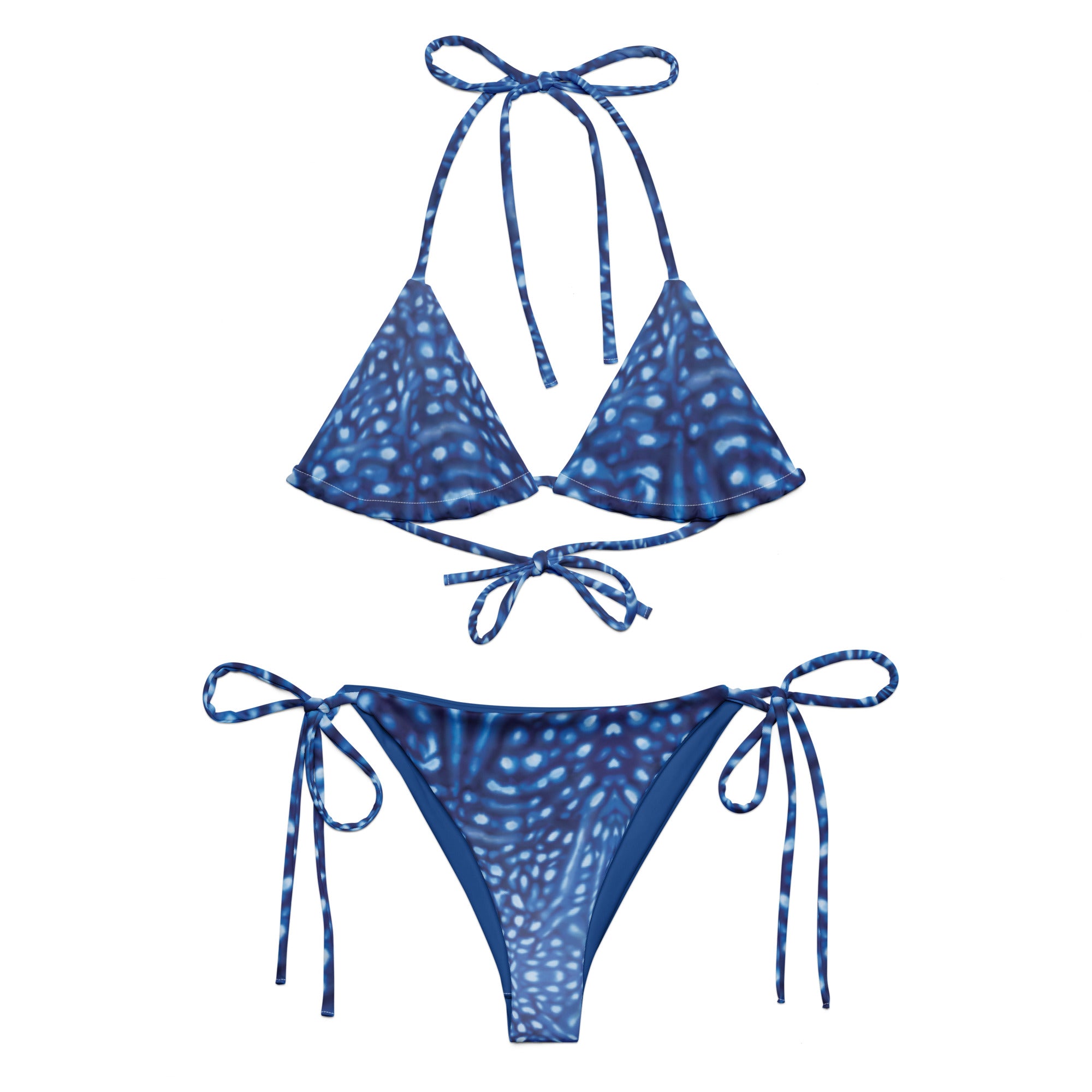 Whale Shark Constellation String Bikini – front view – recycled string bikini for divers, snorkelers, and tropical beach days