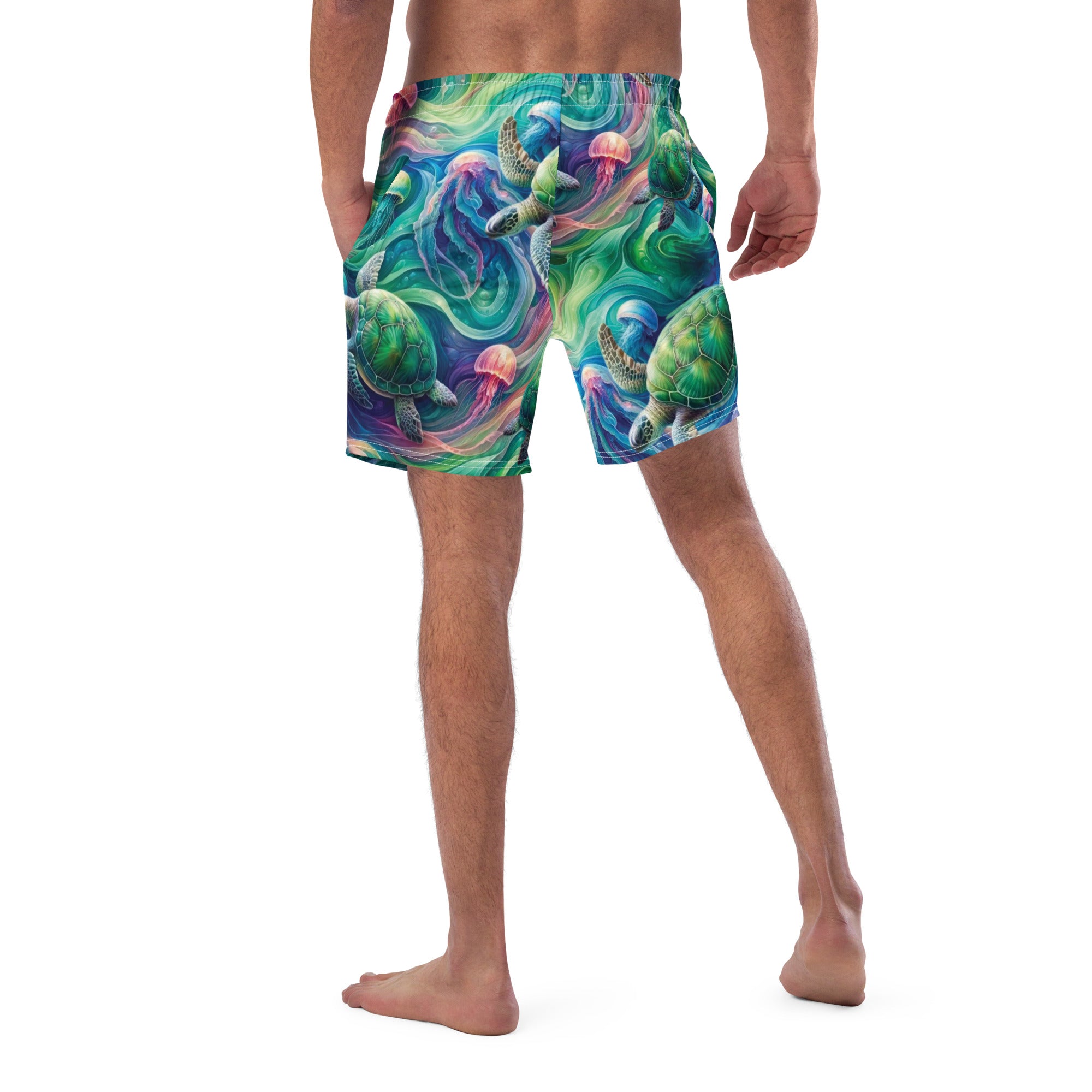 Psychedelic Turtle Swim Trunks – back view – recycled swim trunks designed for divers and tropical ocean travel