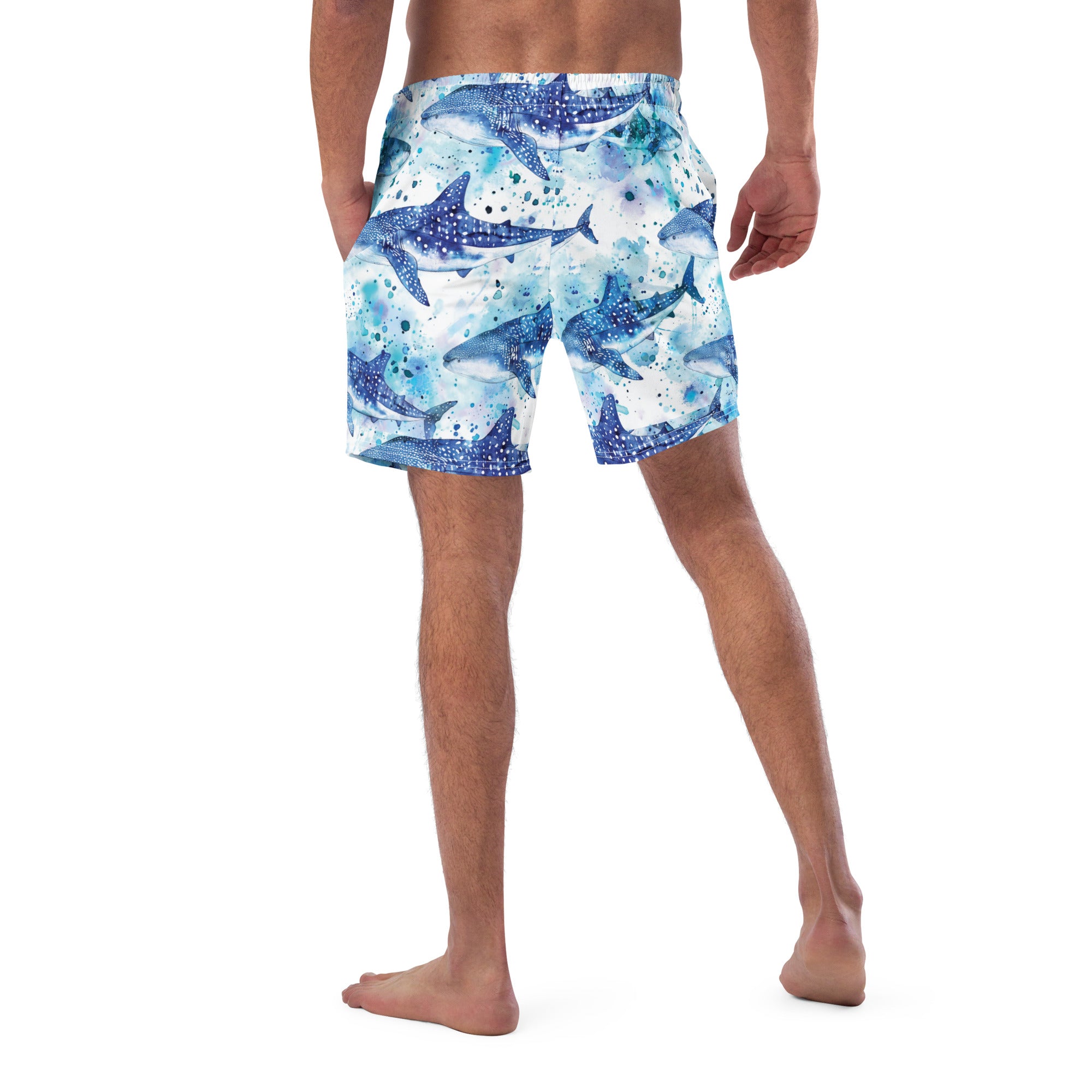 Whimsical Whale Shark Swim Trunks – back view – scuba trunks for warm water diving, snorkeling, and reef adventures
