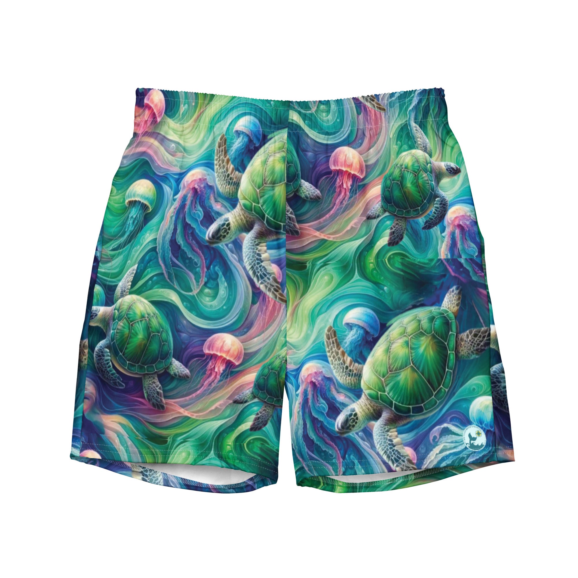 Psychedelic Turtle Swim Trunks – front view – recycled men's swim trunks for divers, snorkelers, and beach days