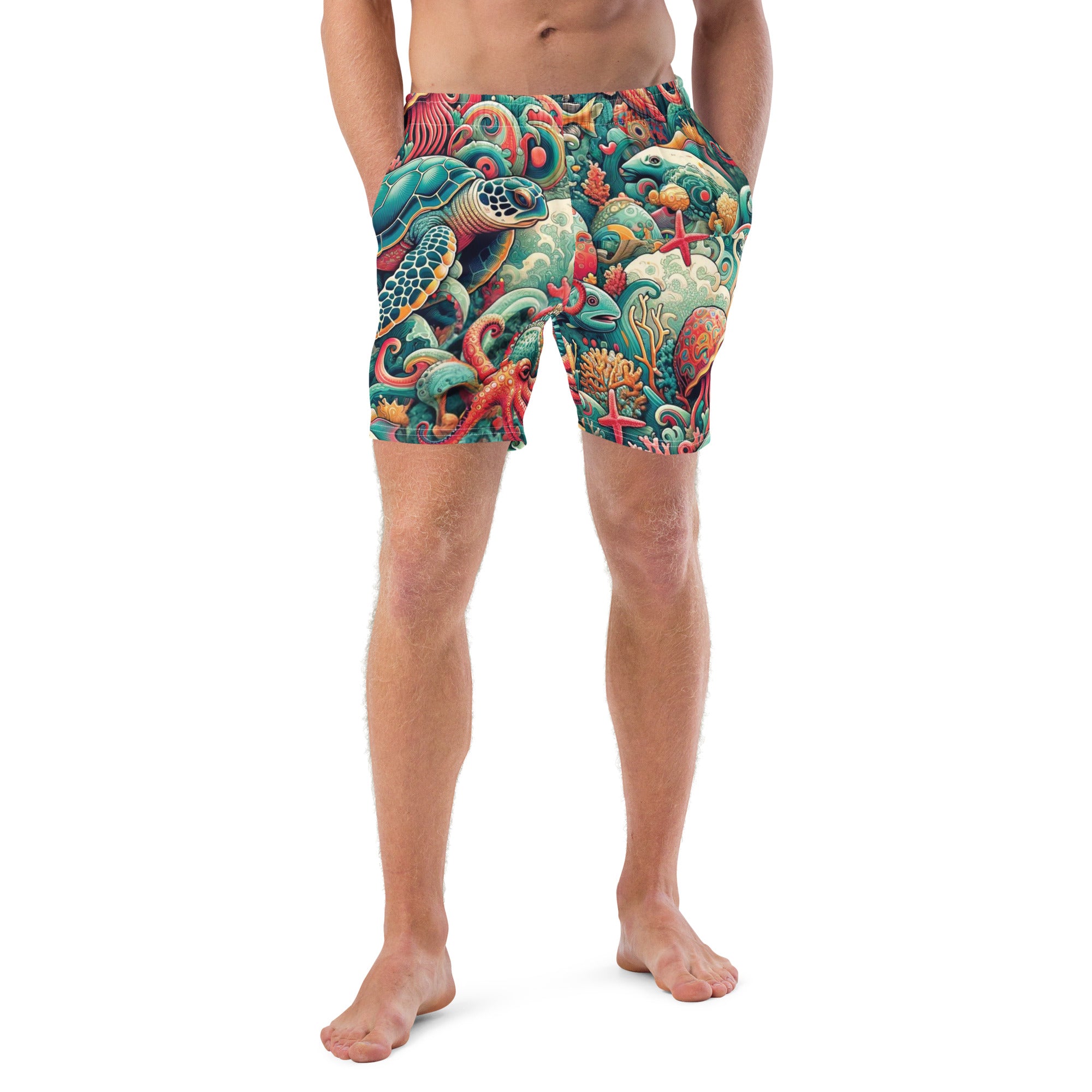Tortuga Loca Swim Trunks – front view – men's swim trunks made from recycled ocean plastics for warm water