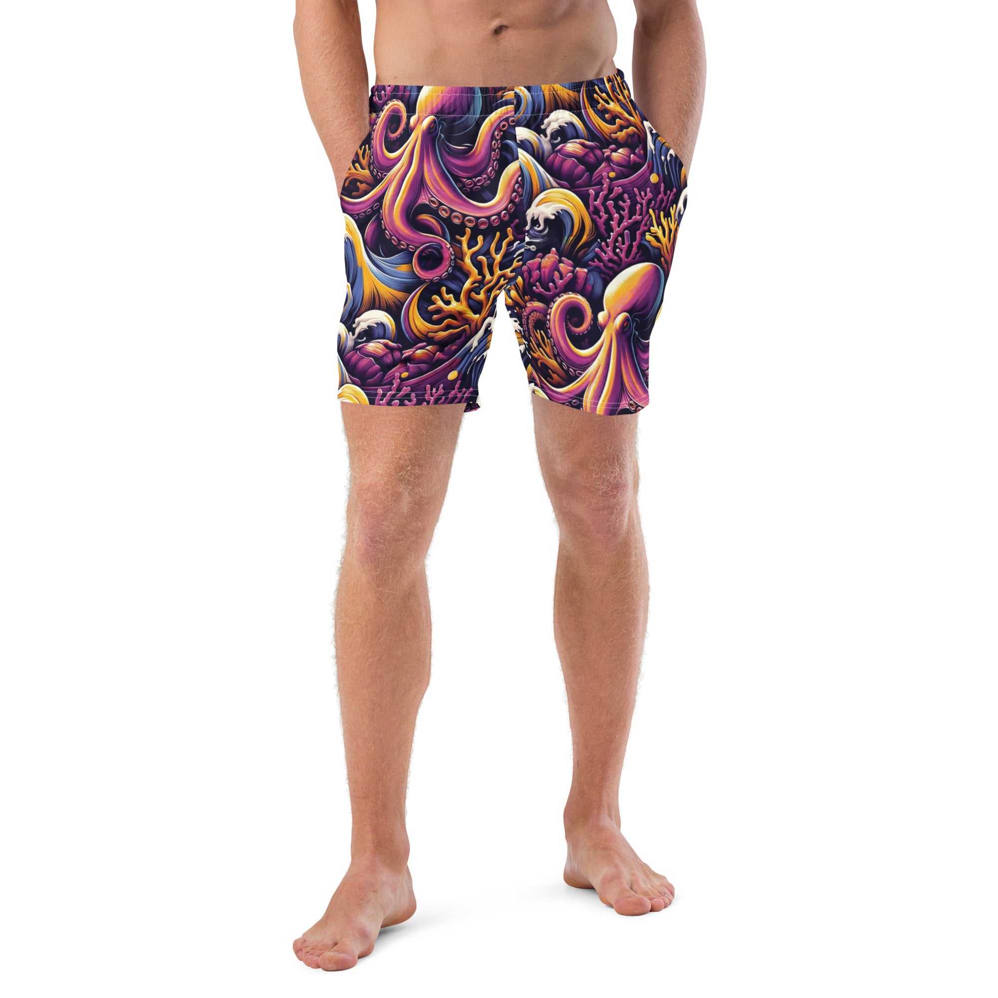 Octopus Ink Swim Trunks – front view – men's swim trunks made from recycled ocean plastics for warm water