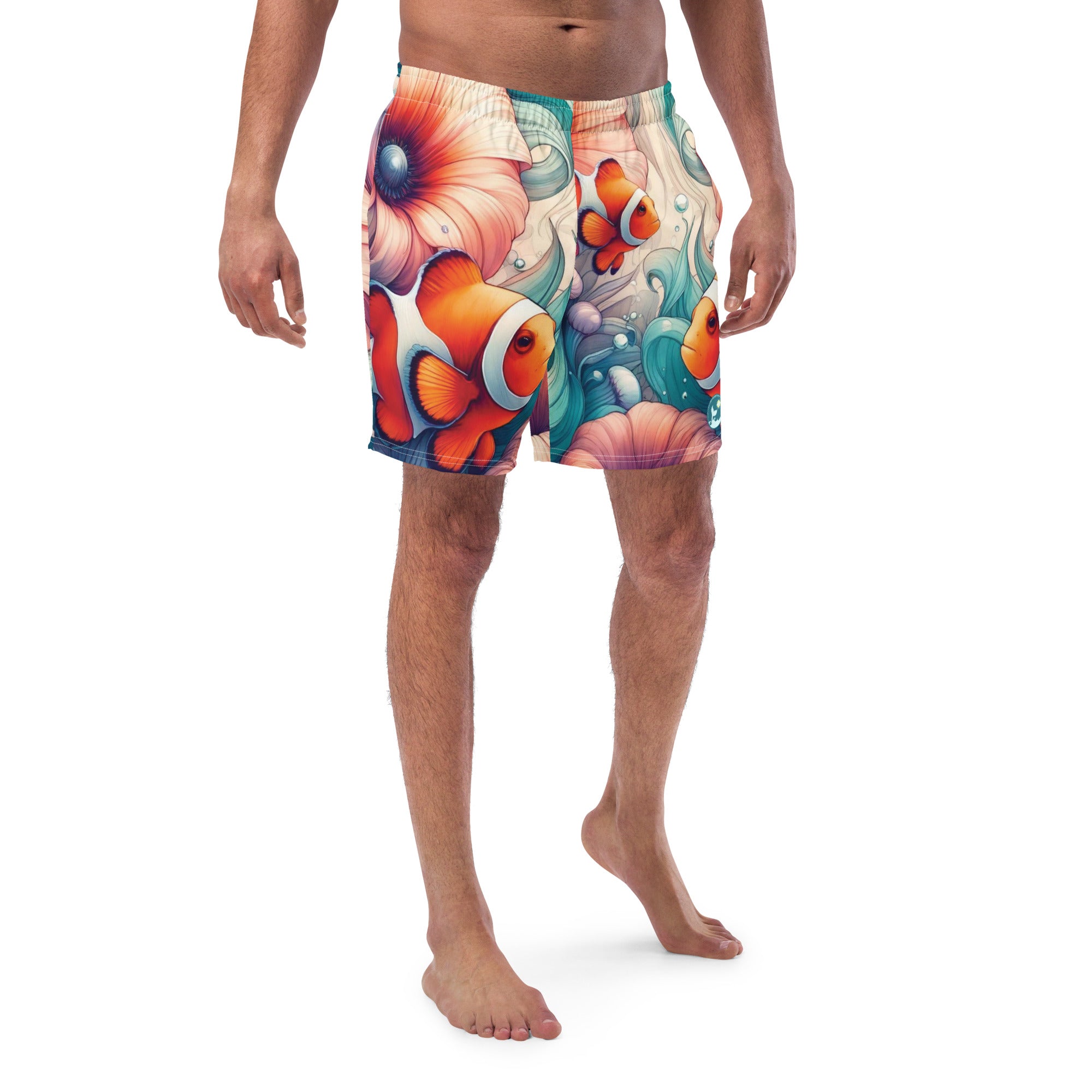Clownfish Gardens Swim Trunks – front view – recycled swim trunks designed for divers and tropical ocean travel