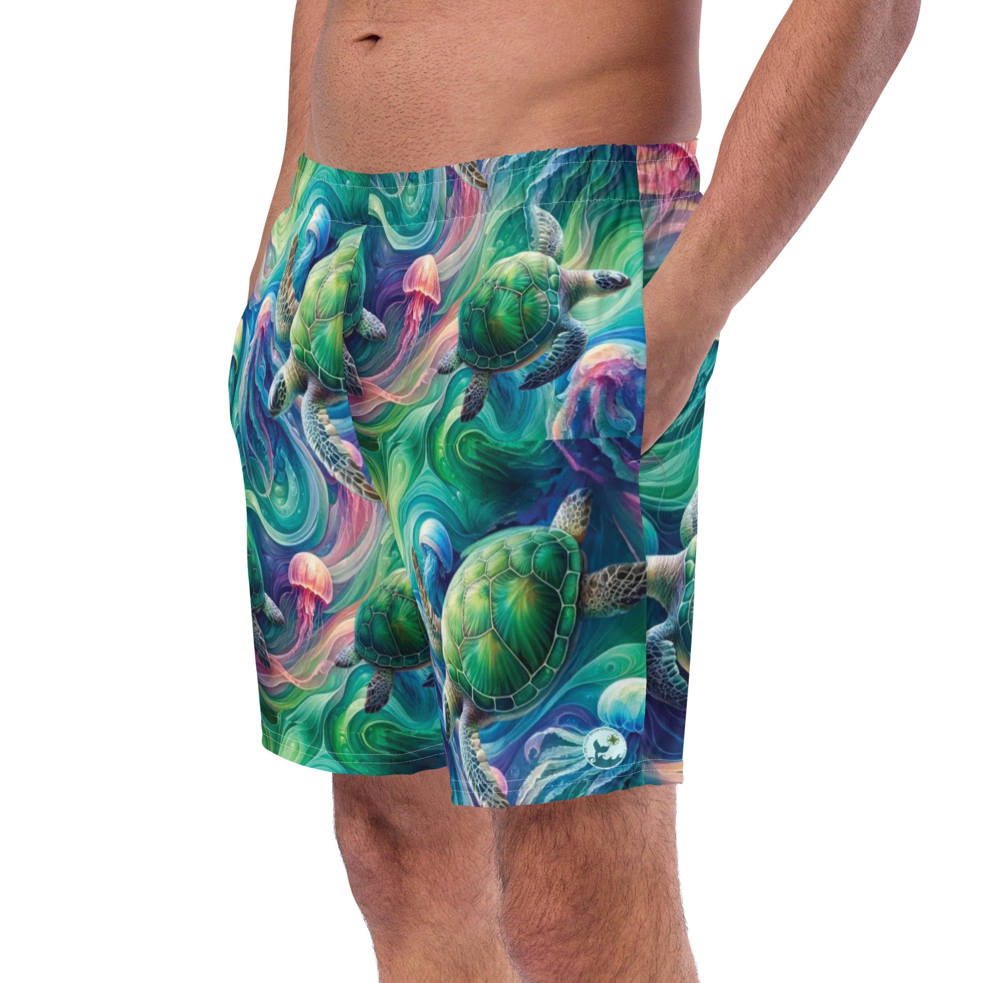 Psychedelic Turtle Swim Trunks – left front view – scuba trunks for warm water diving, snorkeling, and reef adventures