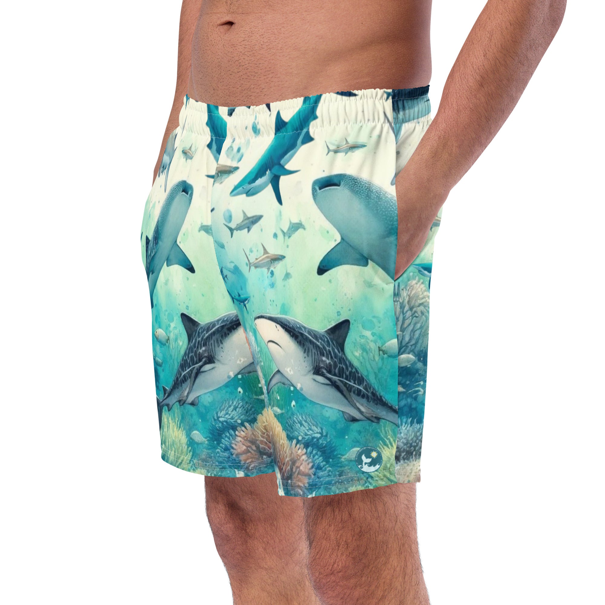 Shark Frenzy Swim Trunks – left front view – men's swim trunks made from recycled ocean plastics for warm water