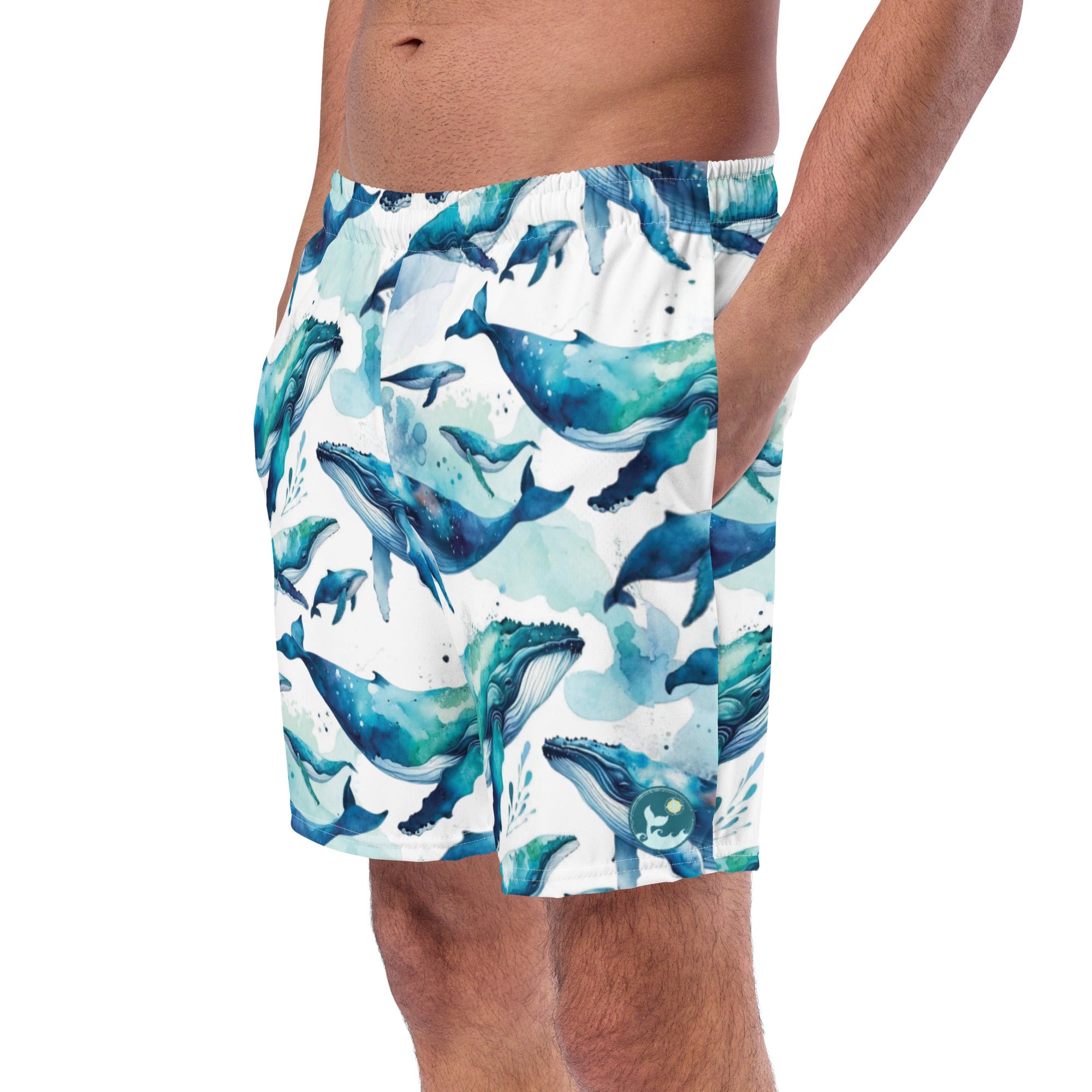 Humpback Dreams Swim Trunks – left front view – men's swim trunks made from recycled ocean plastics for warm water