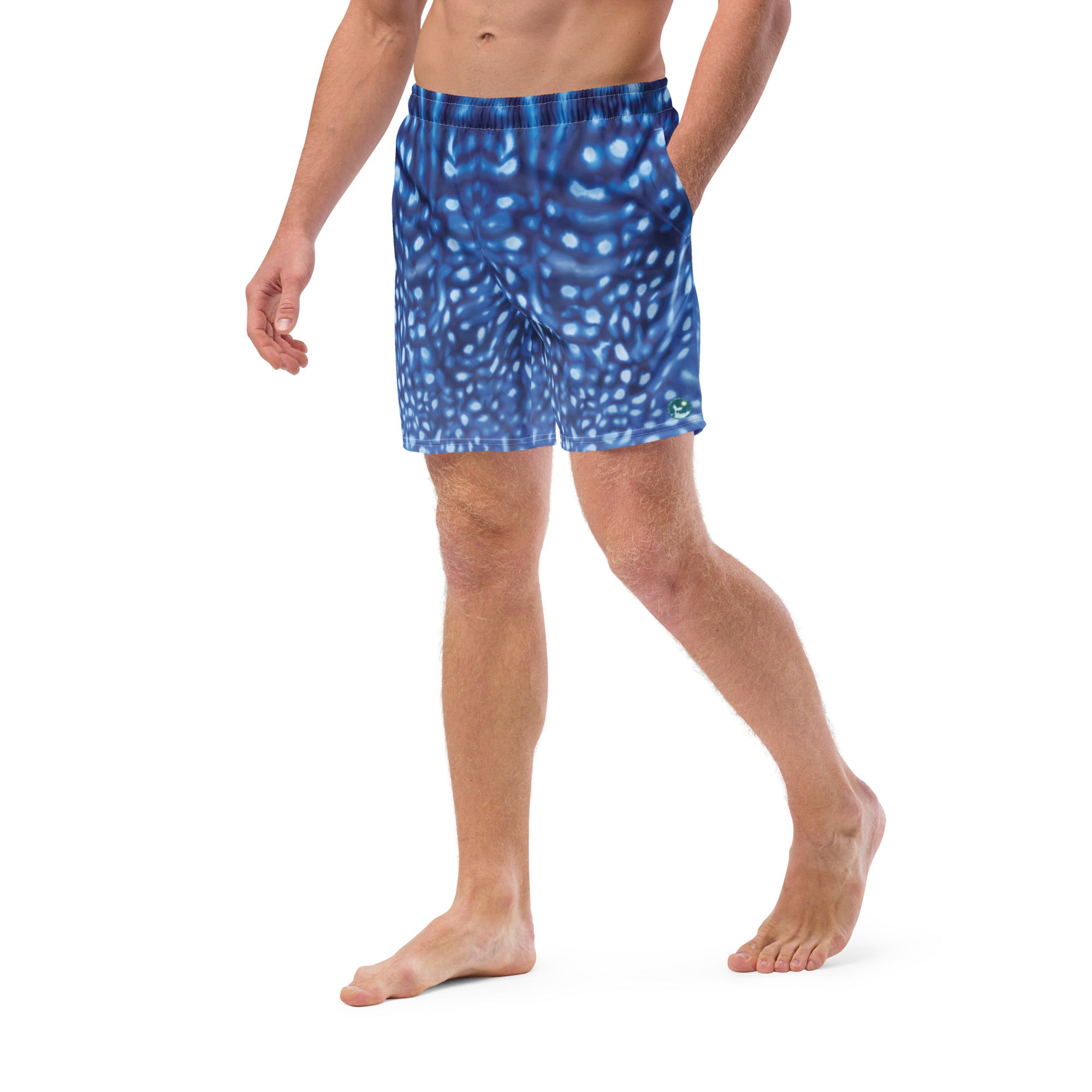 Whale Shark Constellation Swim Trunks – left front view – men's swim trunks made from recycled ocean plastics for warm water