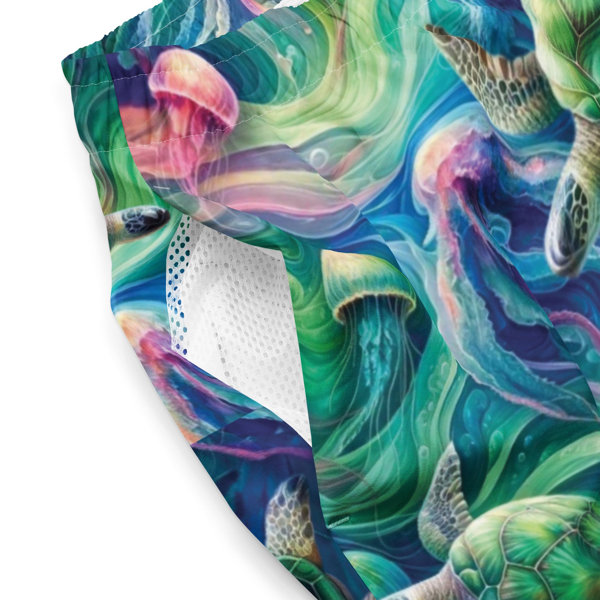 Psychedelic Turtle Swim Trunks – product details – men's swim trunks made from recycled ocean plastics for warm water