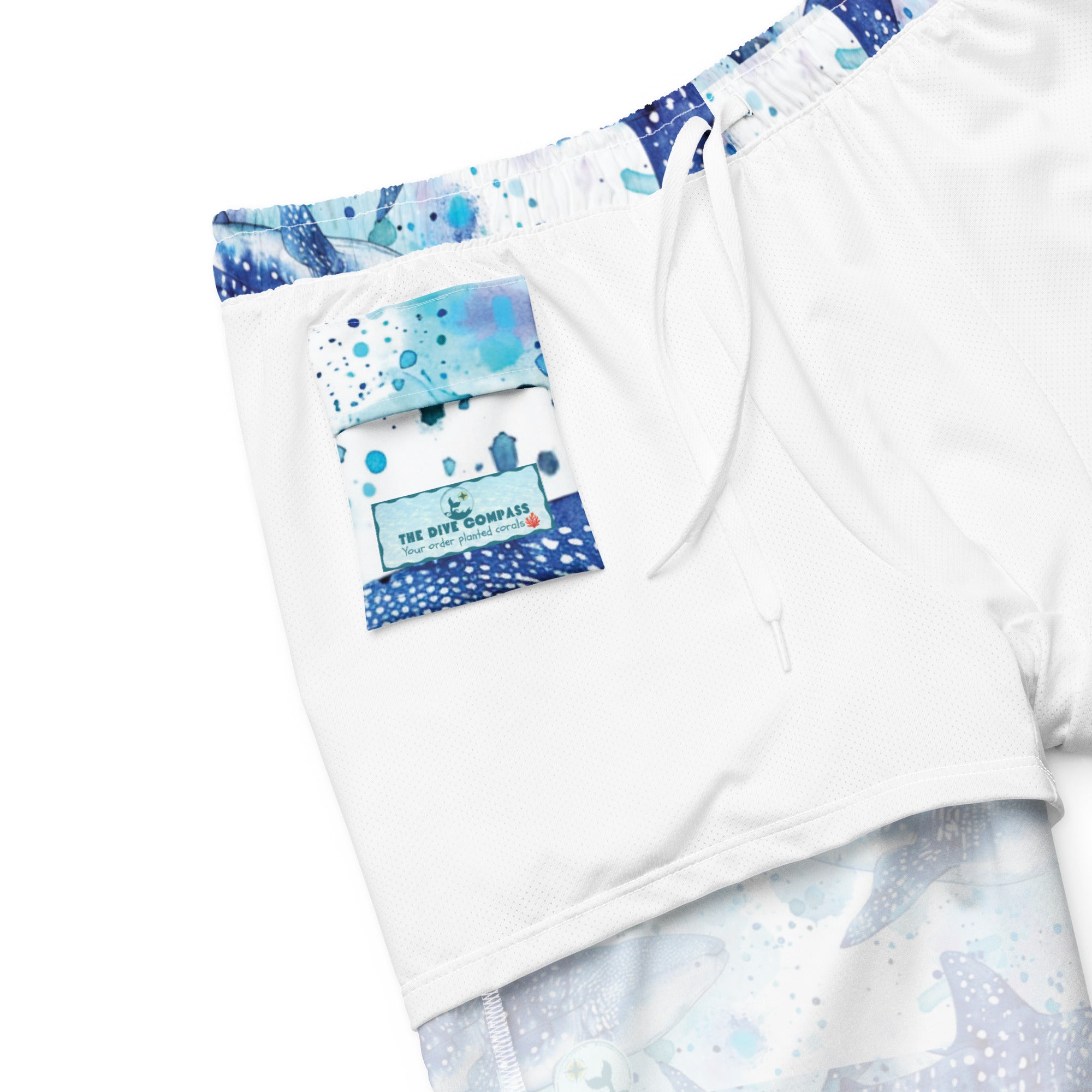 Whimsical Whale Shark Swim Trunks – product details – men's recycled polyester swim trunks for scuba and snorkeling