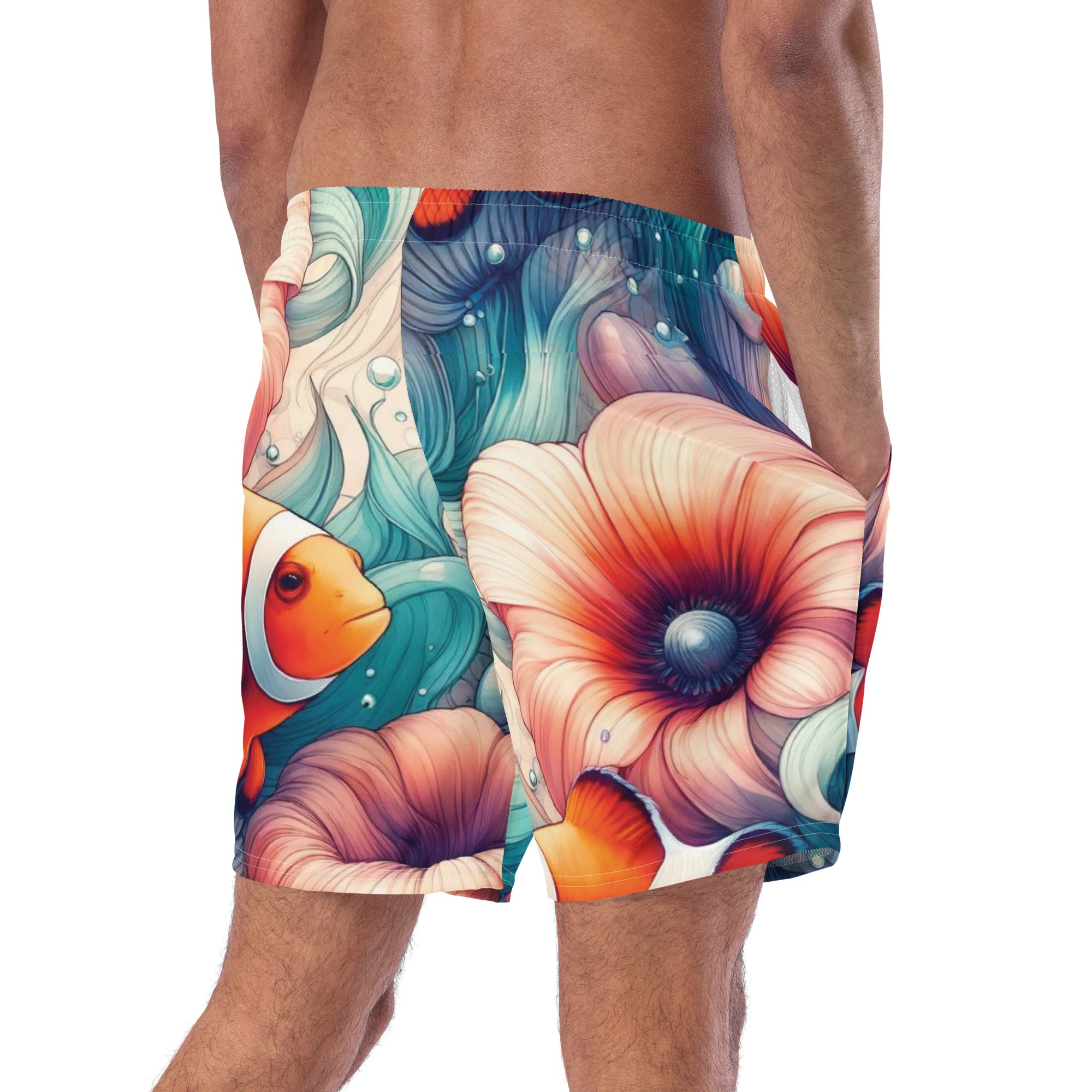 Clownfish Gardens Swim Trunks – back view – sustainable swim trunks in soft recycled polyester for ocean lovers
